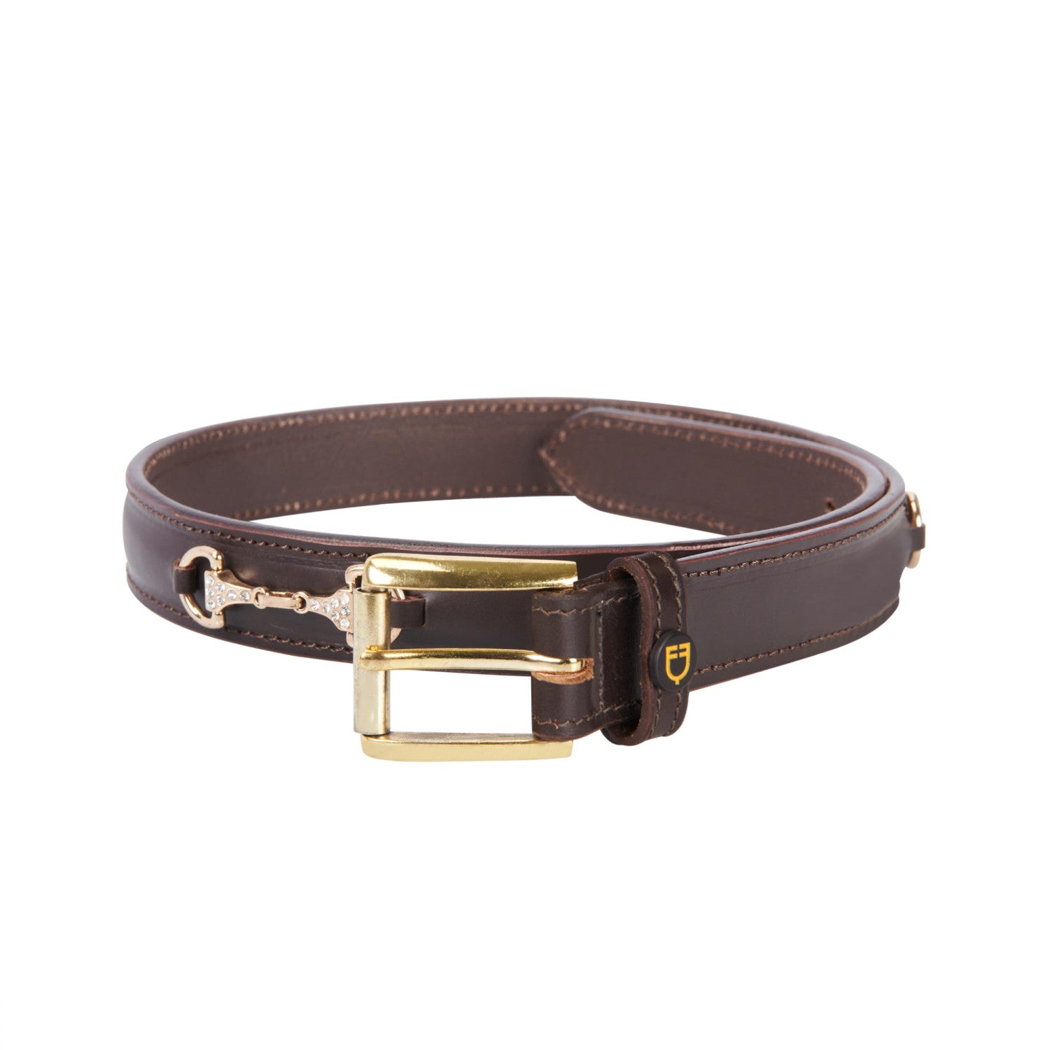 Leather belt with snaffle bits and rhinestones.