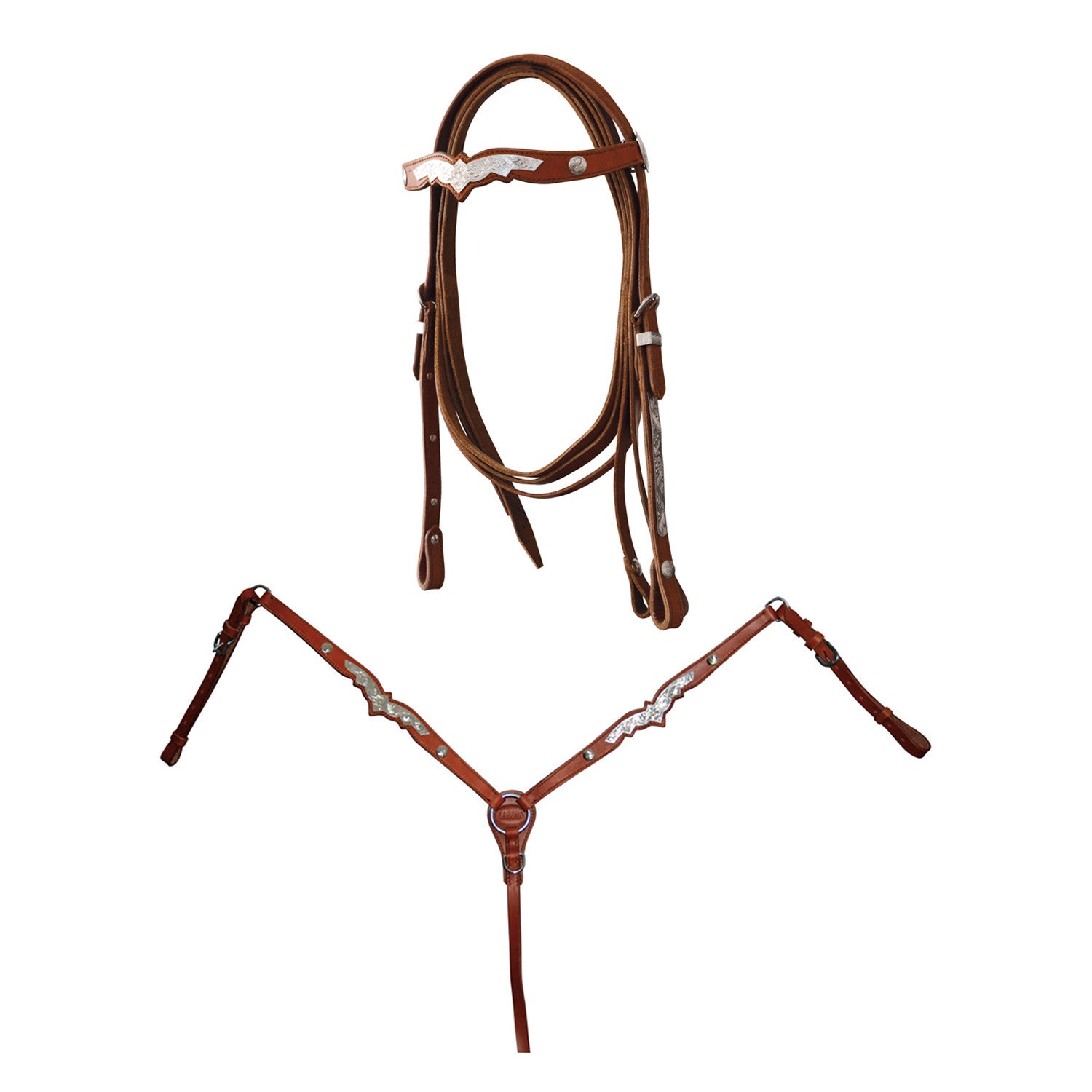 WESTERN BRIDLE WITH BREASTPLATE AND REINS. SILVER DECORATIONS.