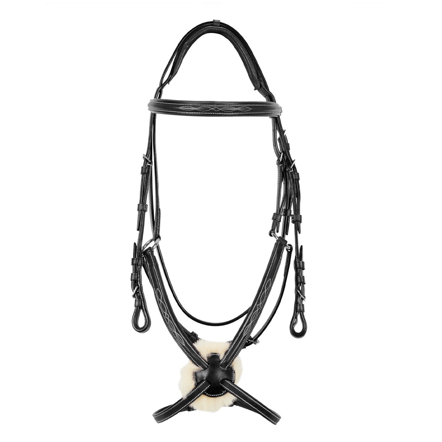 Bridle with mexican noseband and synthetic sheepskin.