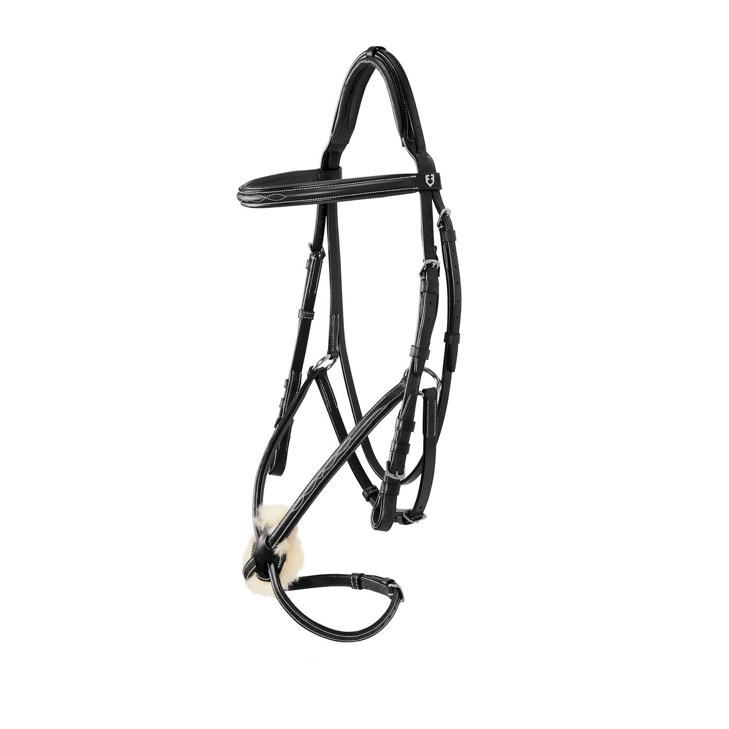 Bridle with mexican noseband and synthetic sheepskin.