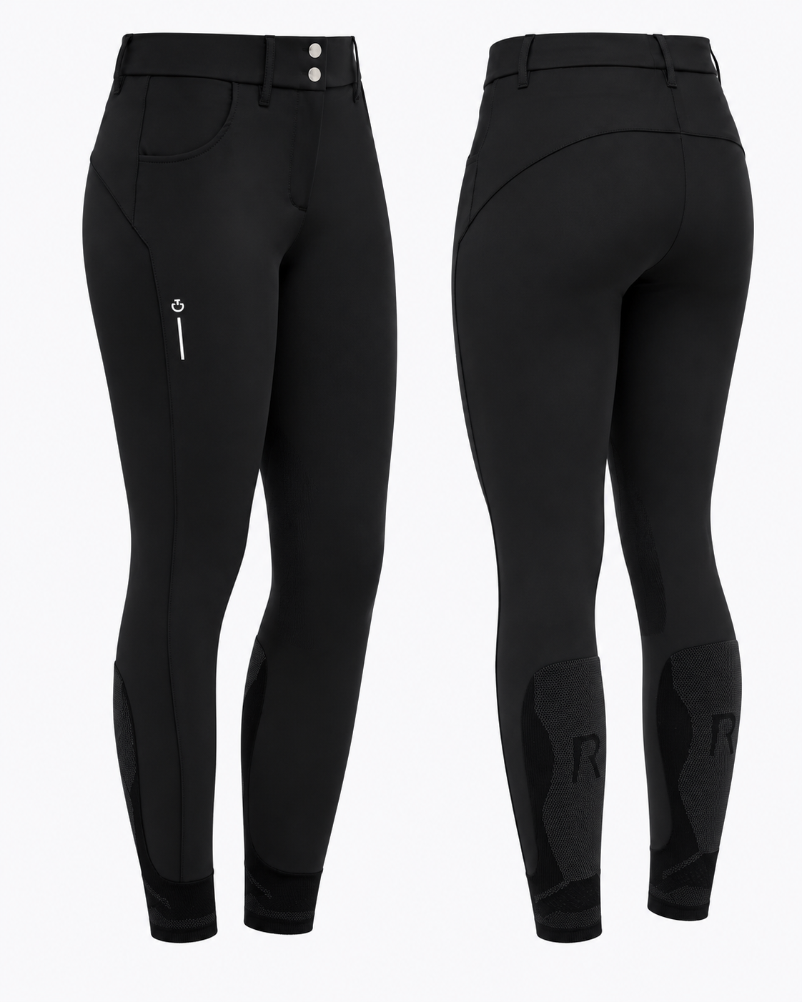 Cavalleria Toscana CT PAD163 ladies black riding breeches, front and back views showing high waistband, double-button fastening, white CT logo, contoured seams and technical lower leg panels.