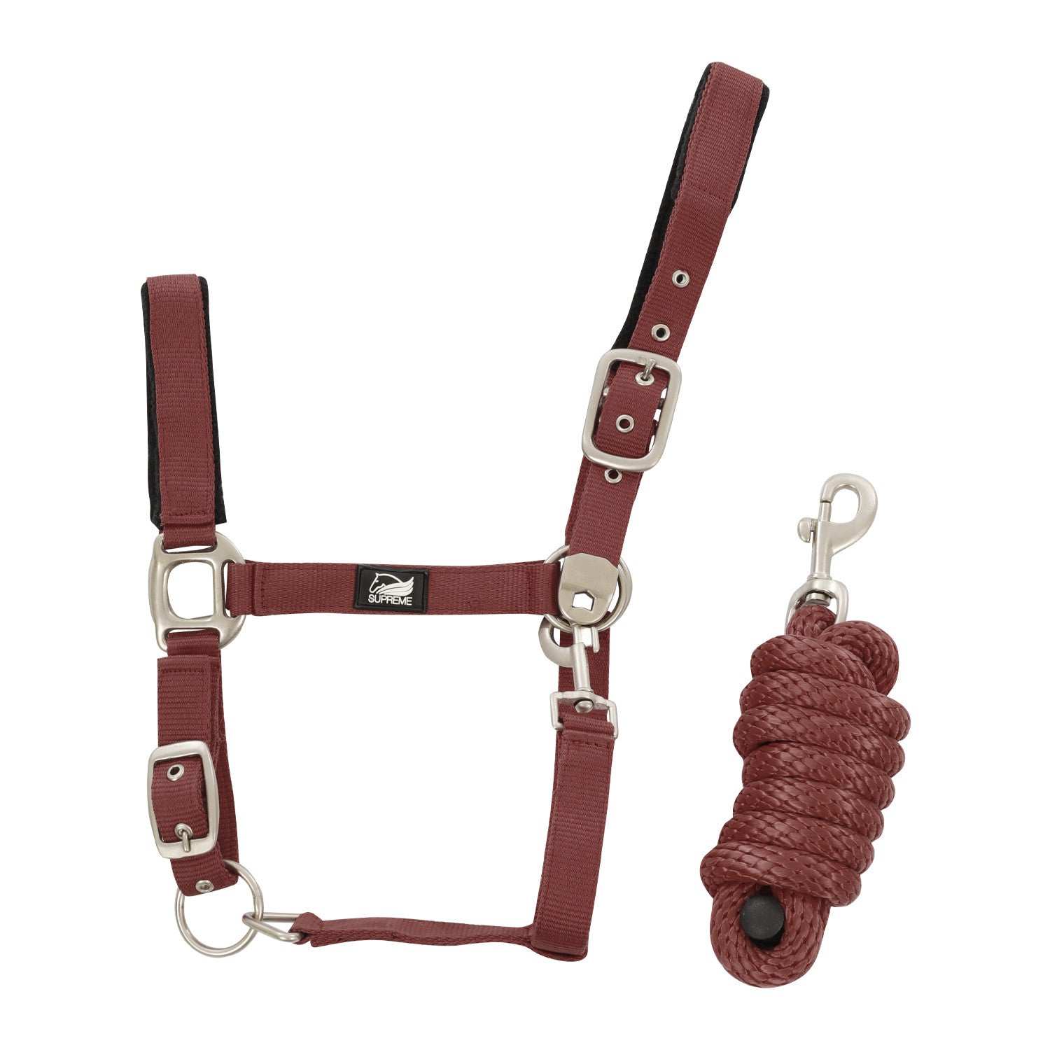 NYLON HALTER WITH LEATHER REINFORCEMENT. COMPLETE WITH LEAD.