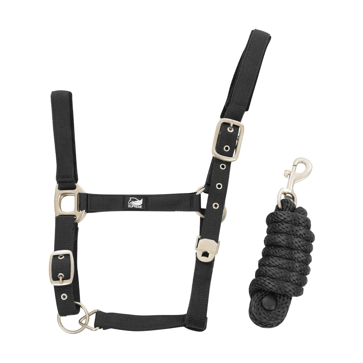 NYLON HALTER WITH LEATHER REINFORCEMENT. COMPLETE WITH LEAD