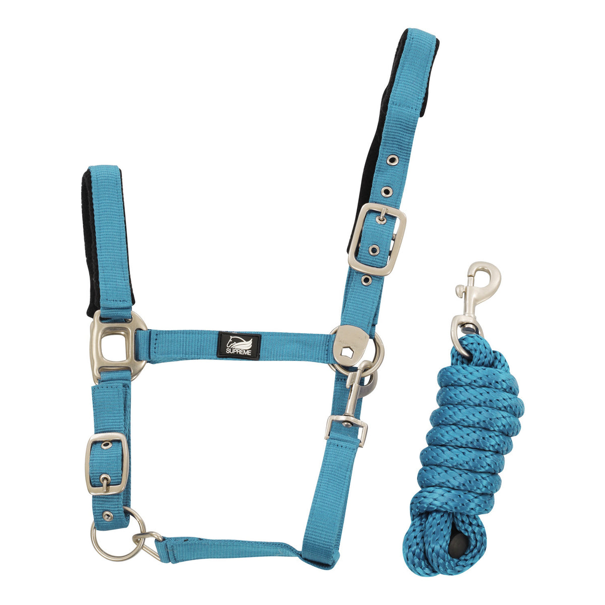 NYLON HALTER WITH LEATHER REINFORCEMENT. COMPLETE WITH LEAD