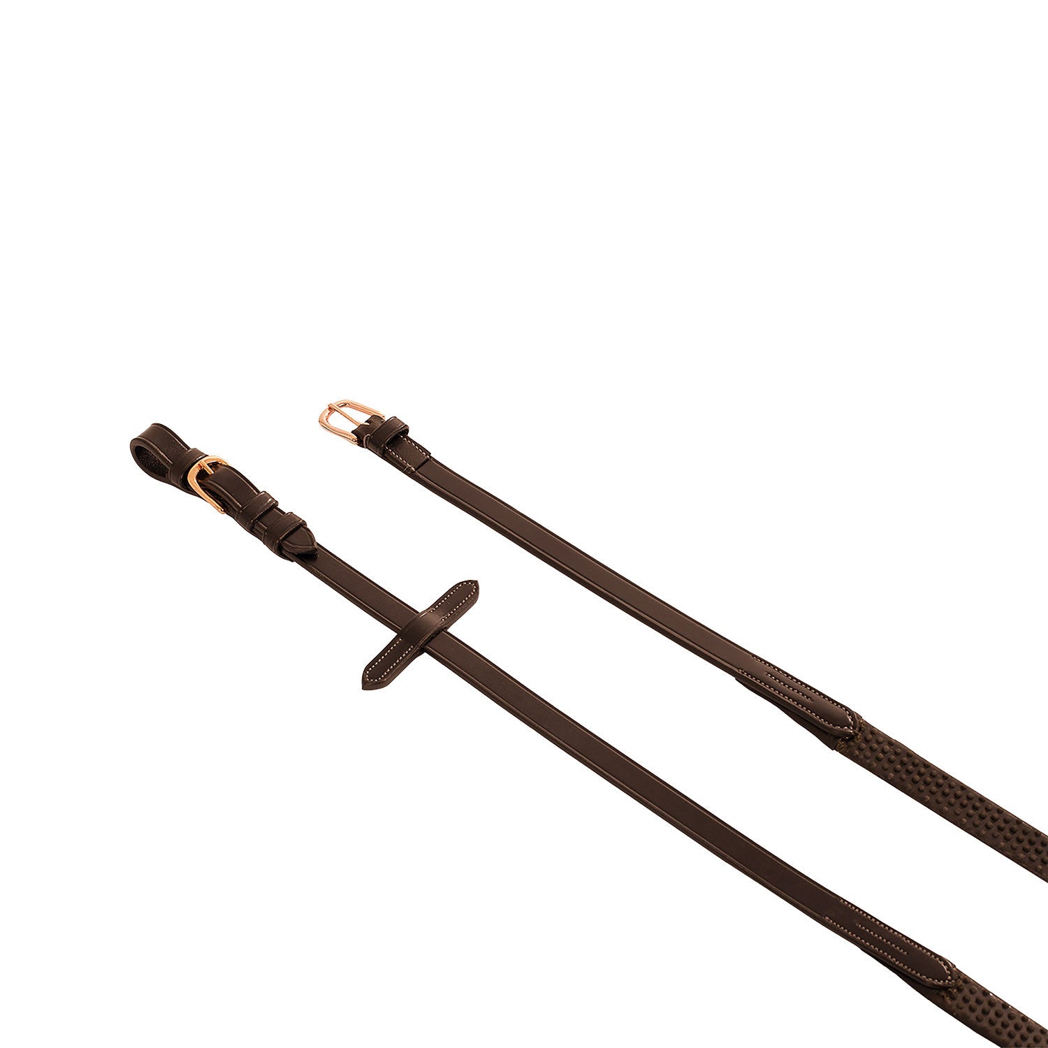 Leather and rubber reins for English bridle with rose gold buckles.