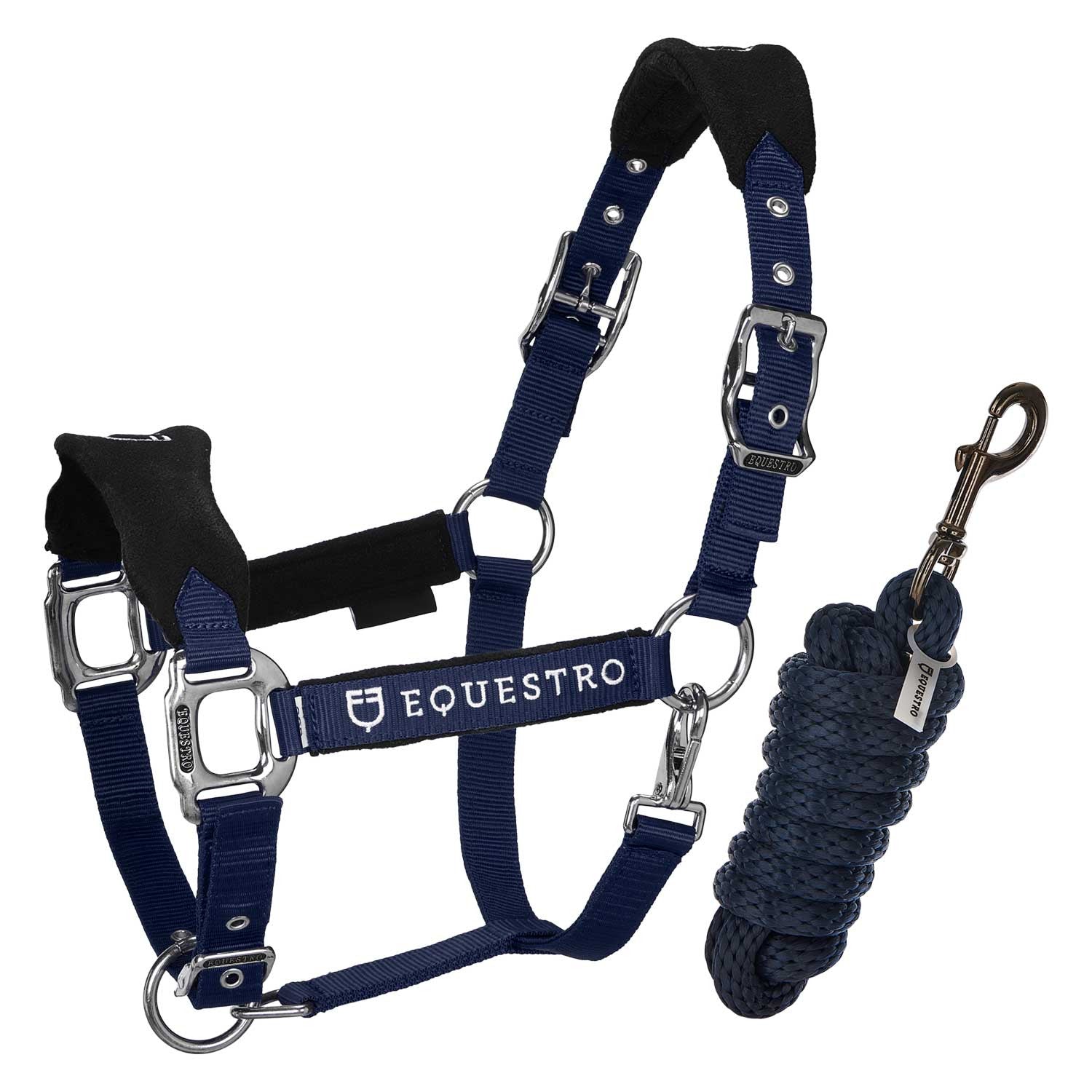 Halter with double adjustment and lead rope.