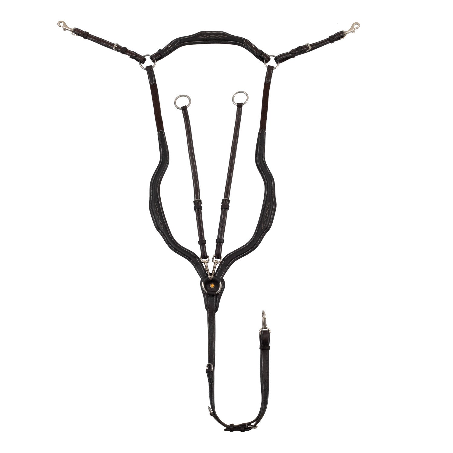 Anatomical leather breastplate with removable martingale.