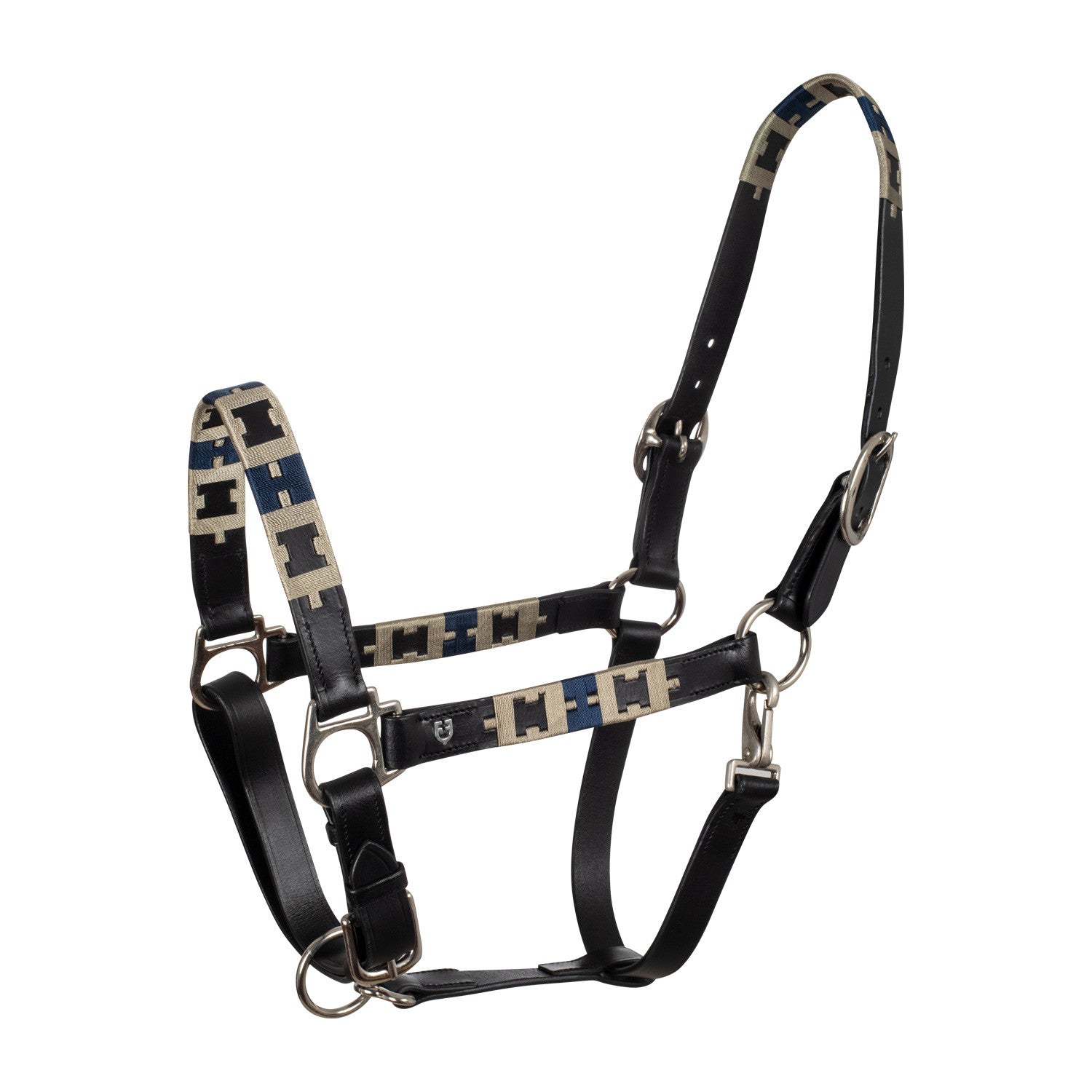 Leather halter with geometric pattern.