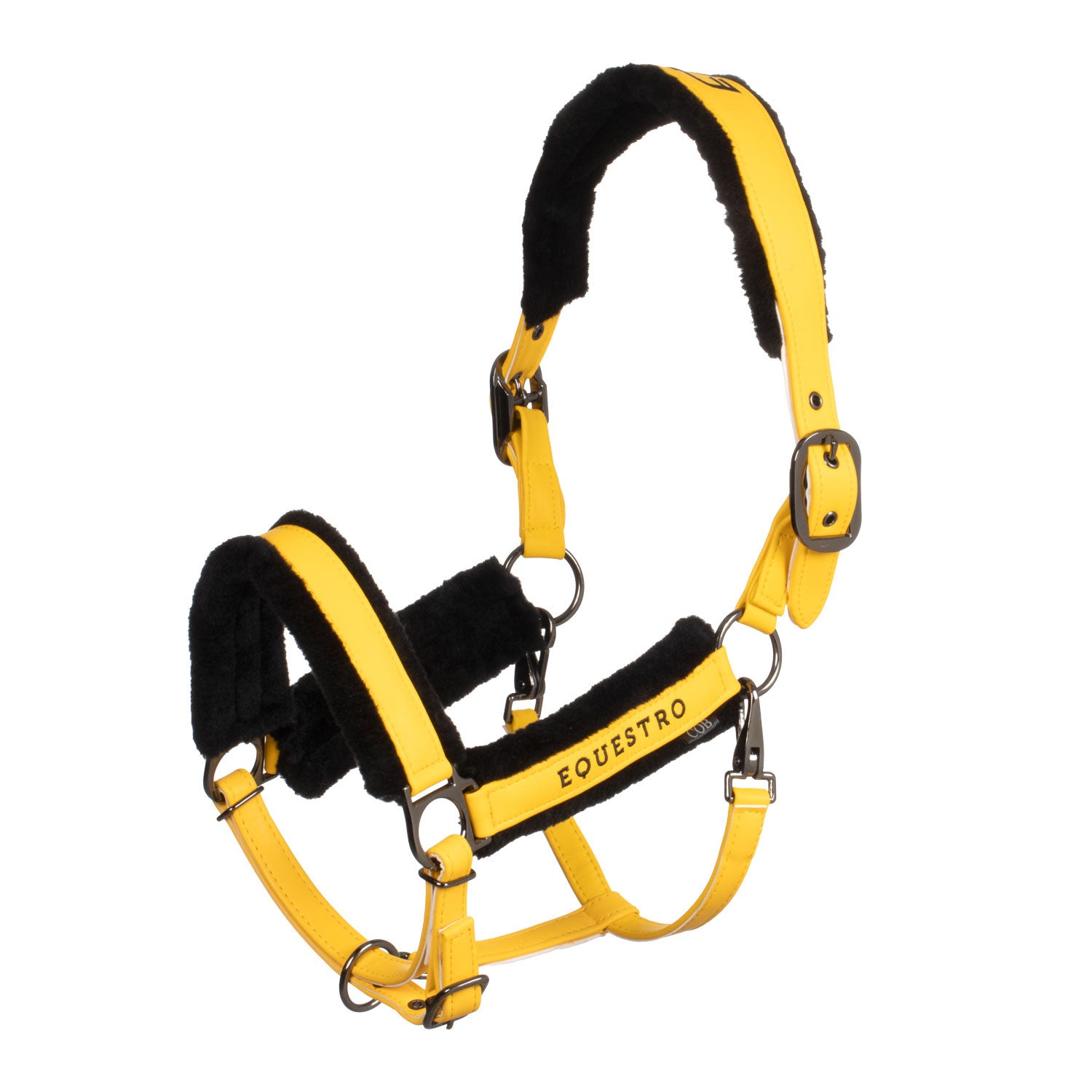 Polypropylene halter with faux sheepskin padding.