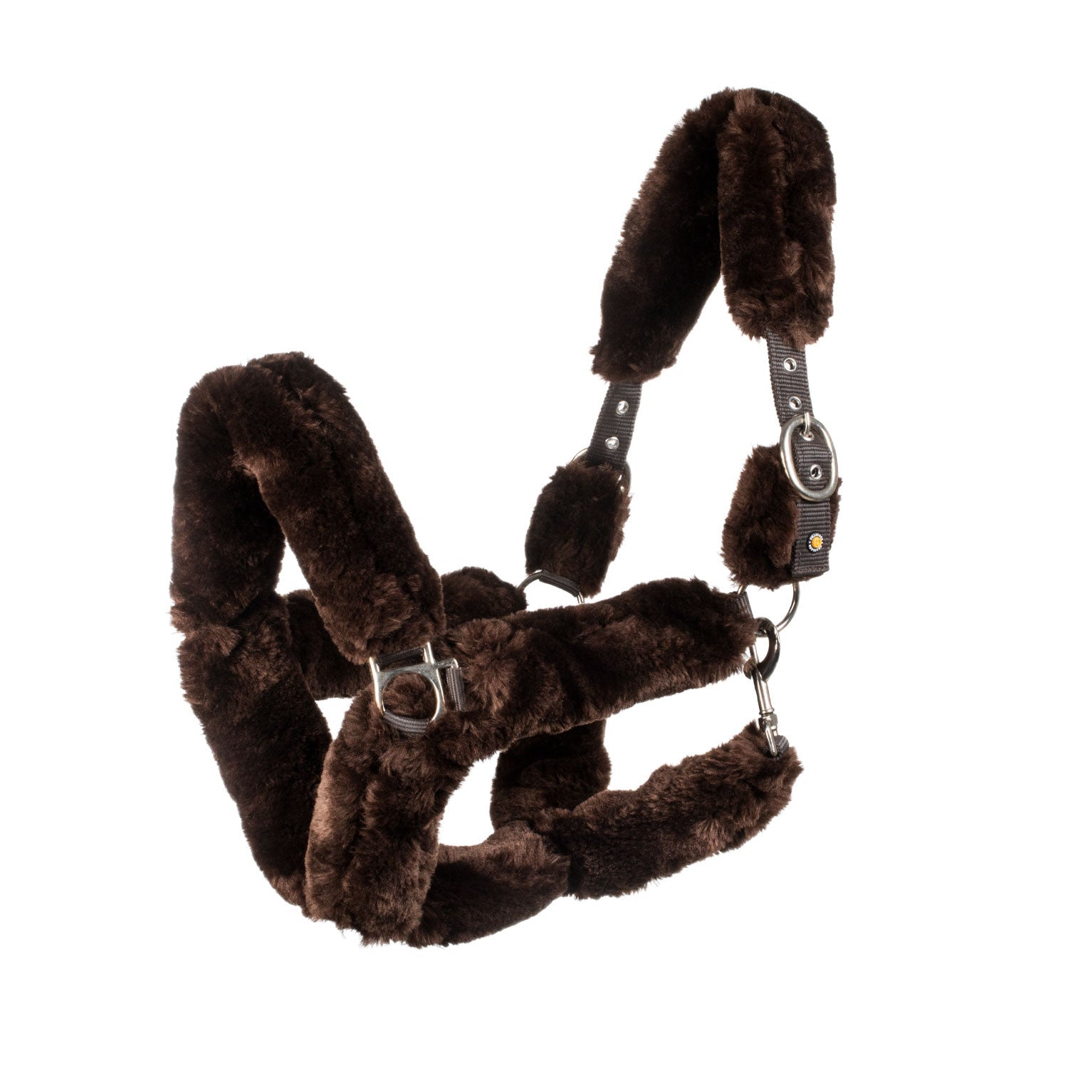 Polypropilene halter with faux sheepskin coating.