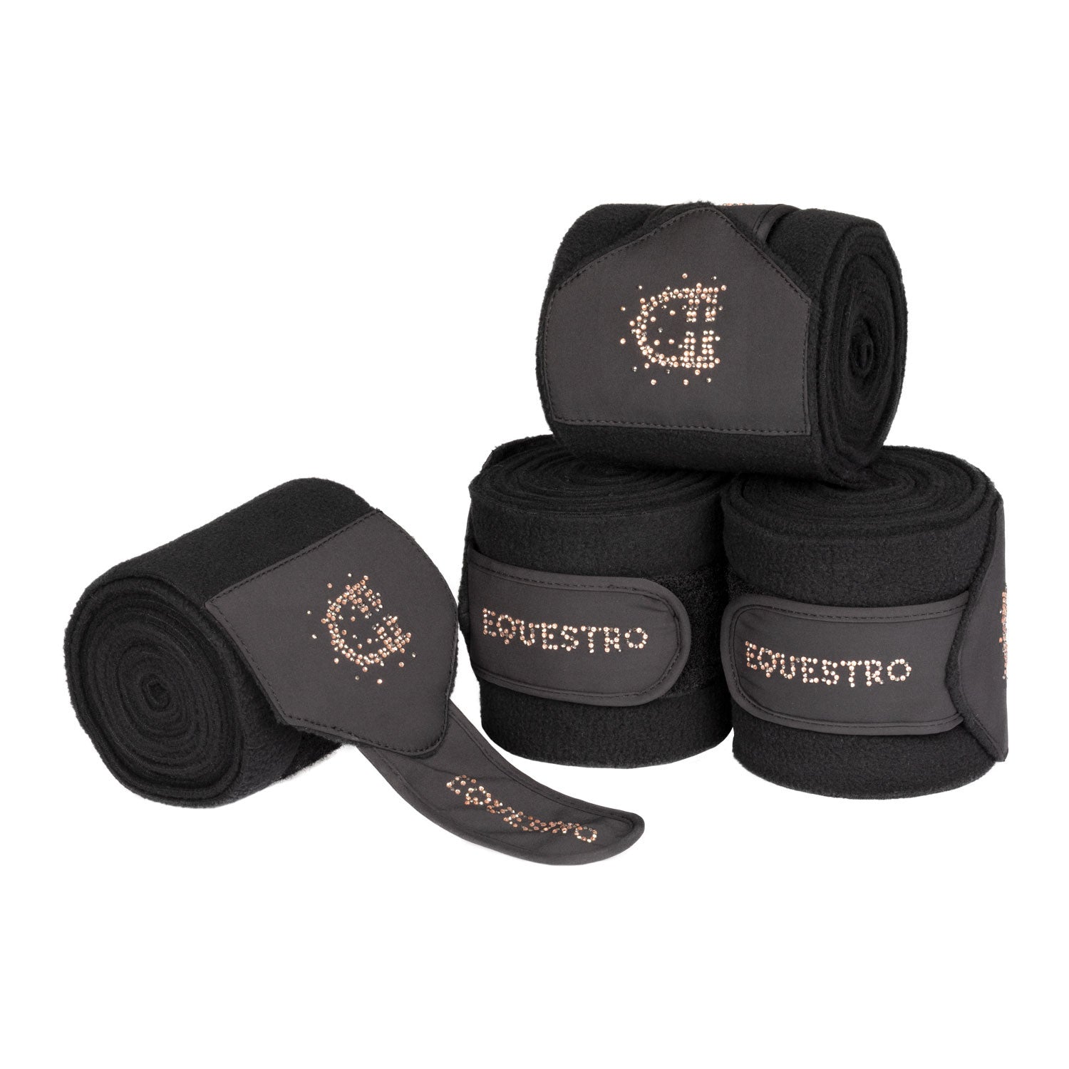 Fleece bandages with rhinestone logo.