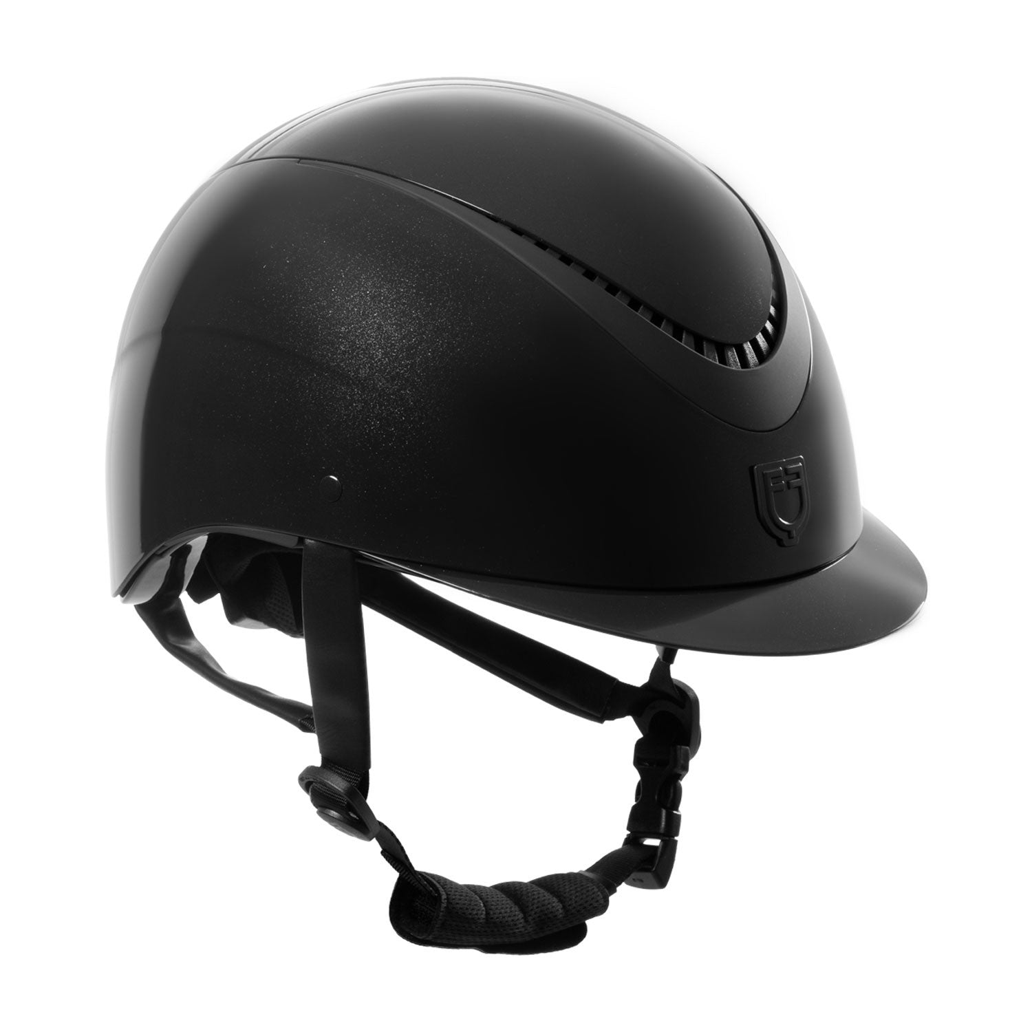 Glossy helmet with eco-leather strap and narrow visor homologation EN 1384-2023.