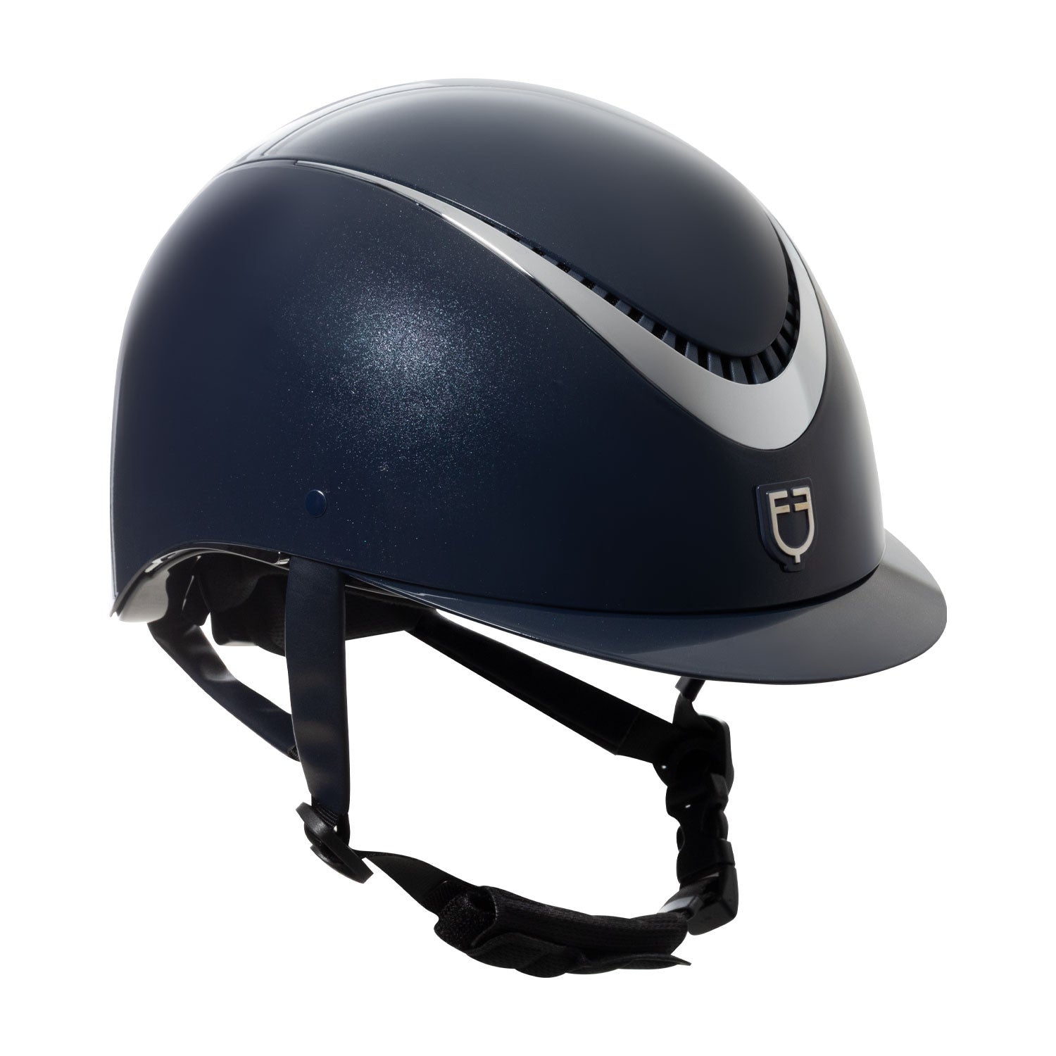Glossy helmet with eco-leather strap and narrow visor homologation EN 1384-2023.