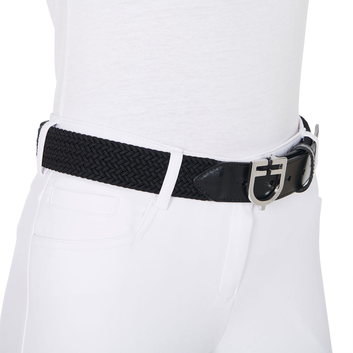 Leather elastic belt with logoed buckle