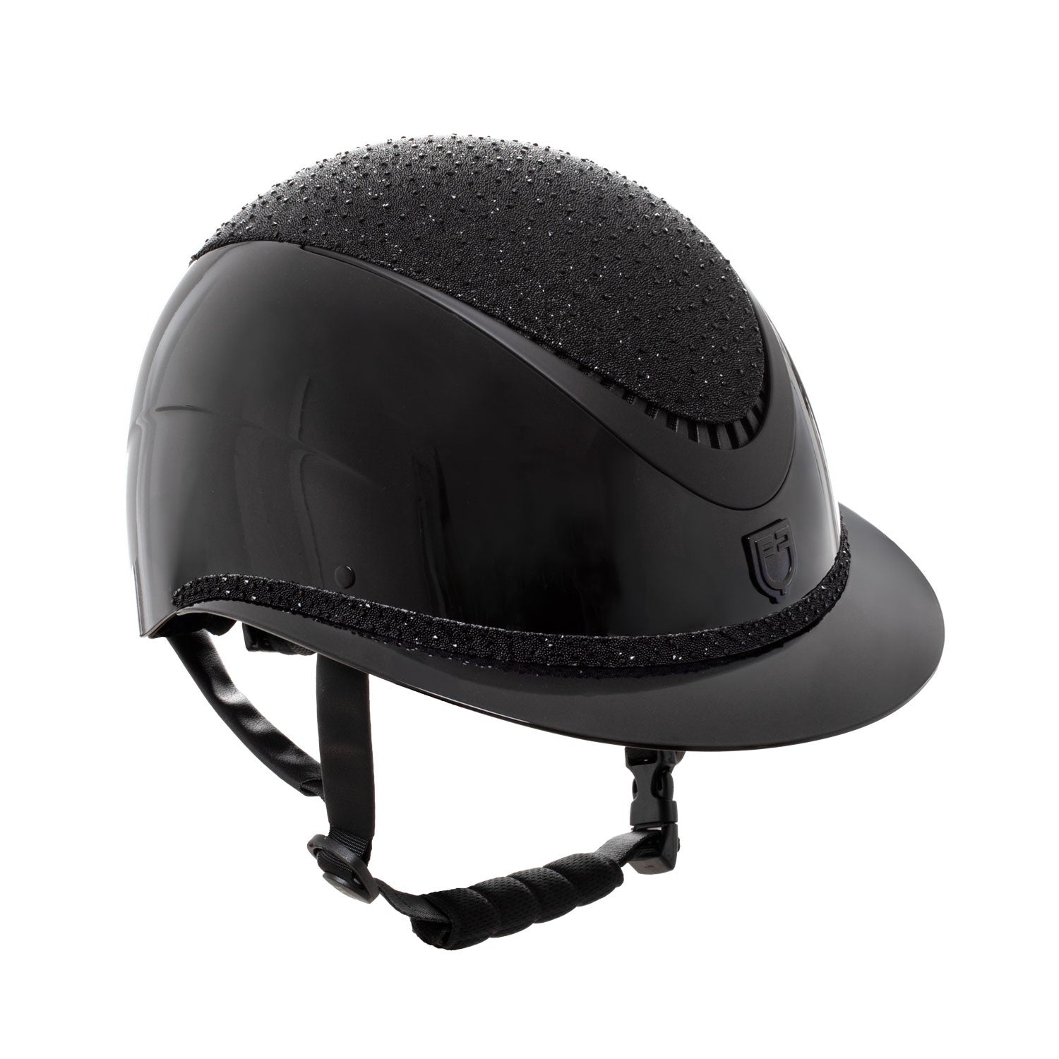 Helmet with wide visor and rhinestones homologation EN 1384-2023.