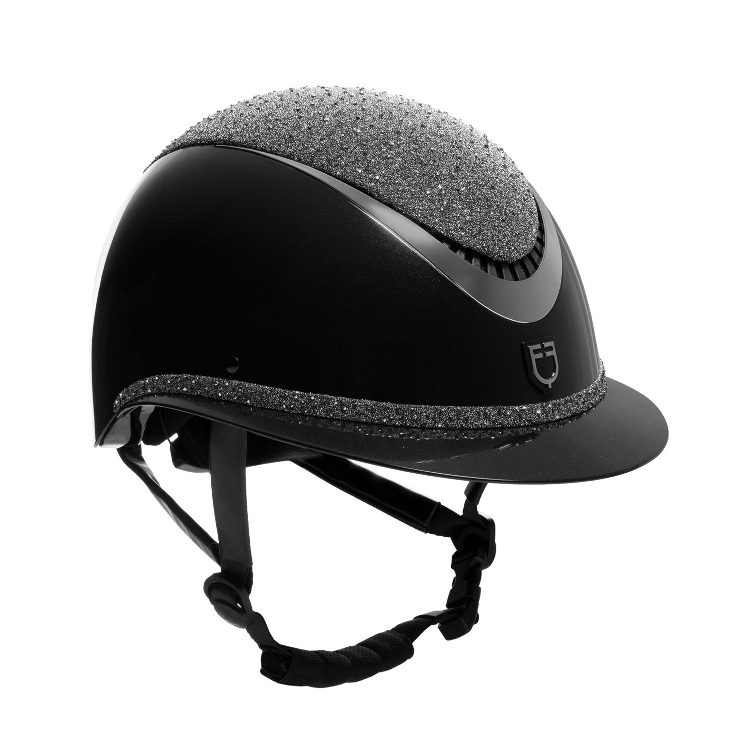 Helmet with wide visor and rhinestones homologation EN 1384-2023.