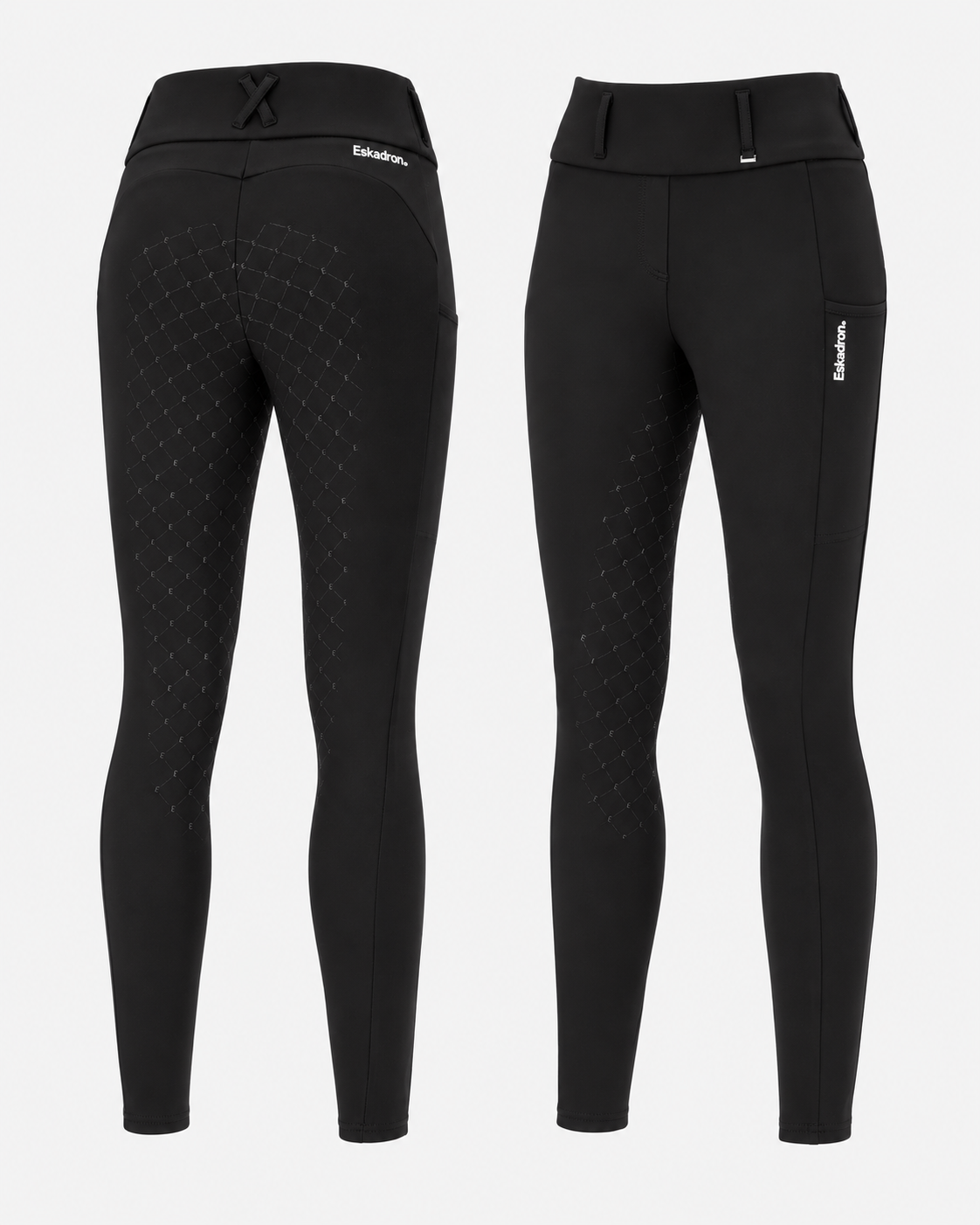 Eskadron Ladies Cosy Full Grip Riding Tights Heritage 2026/27 in black, showing front and rear views, high waistband, full seat silicone grip and side phone pockets.