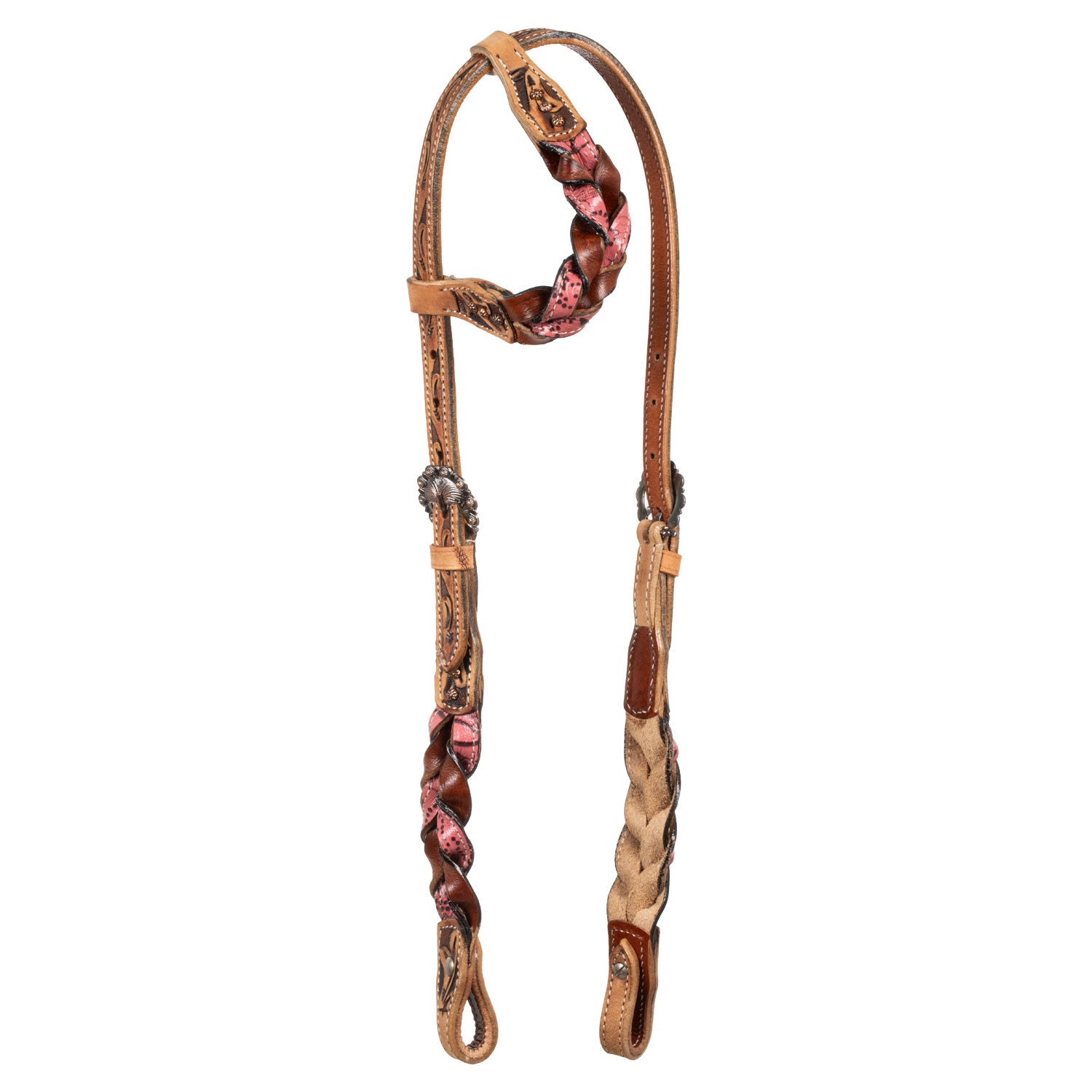 ONE EAR BRIDLE WITH BRAIDED LEATHER DECORATIONS.
