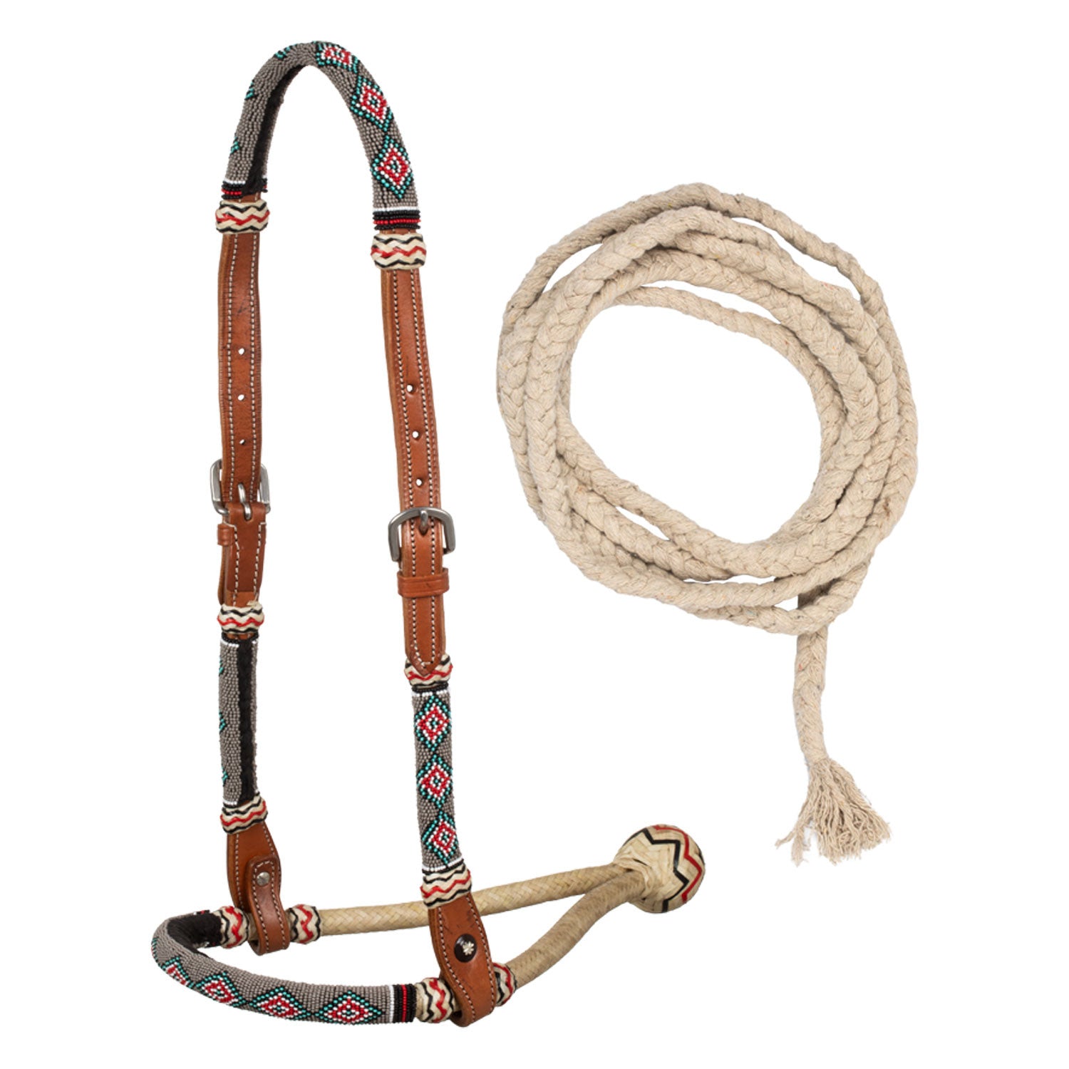 Sand pearls bosal set with cotton mecate reins.