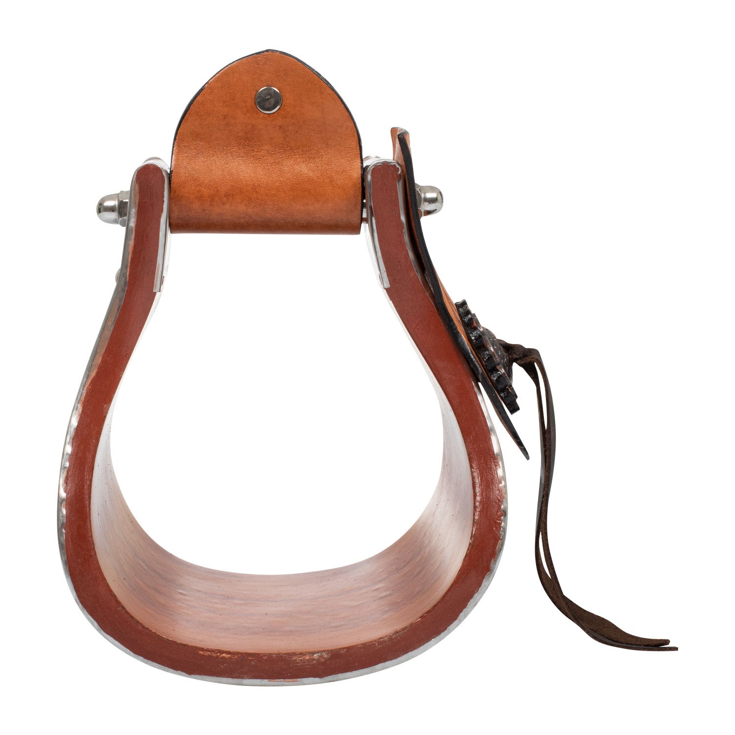 Metal wood stirrups with hand-worked leather inserts.