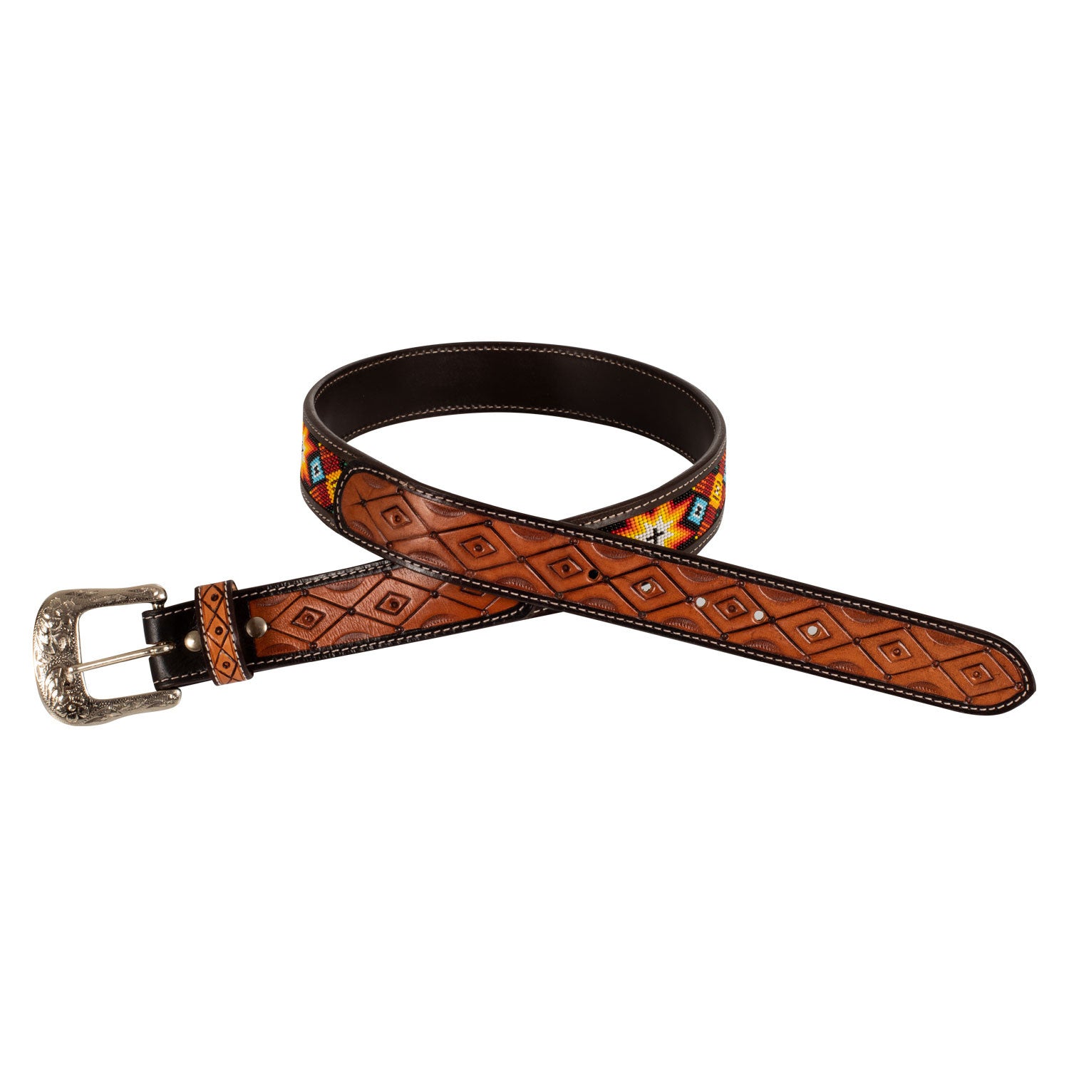 Unisex western beaded belt and brass buckle.