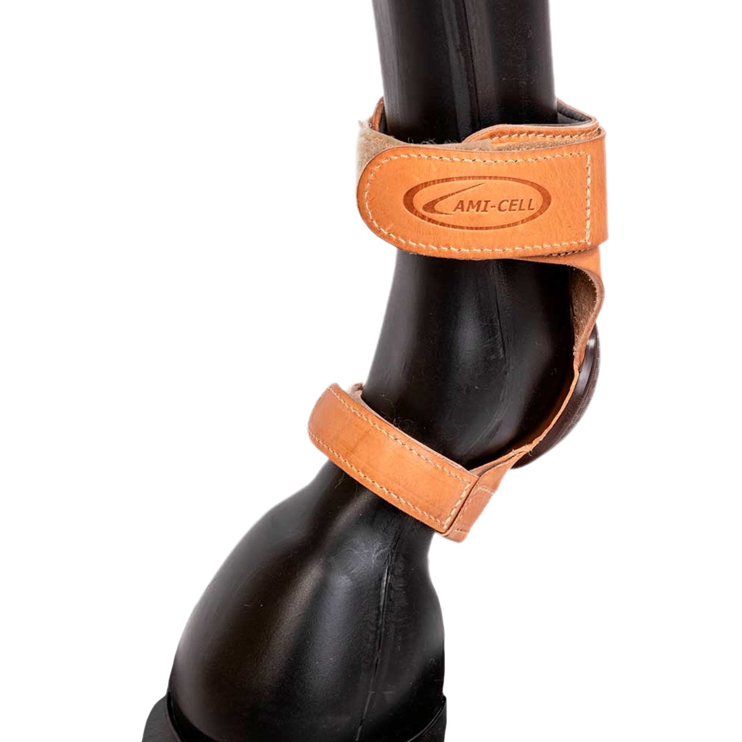Leather skid boots with hook and loop closure.