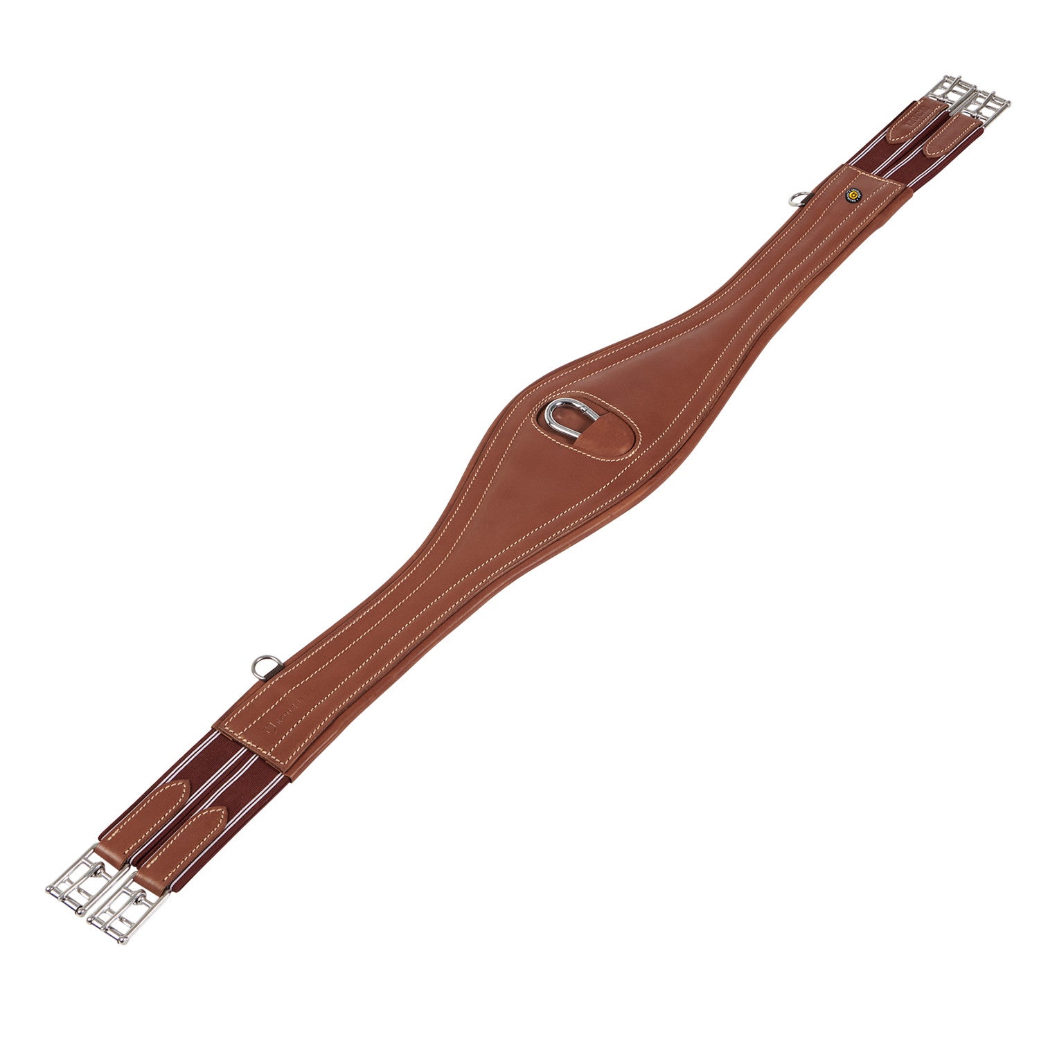 Leather jumping girth with elastic bands.