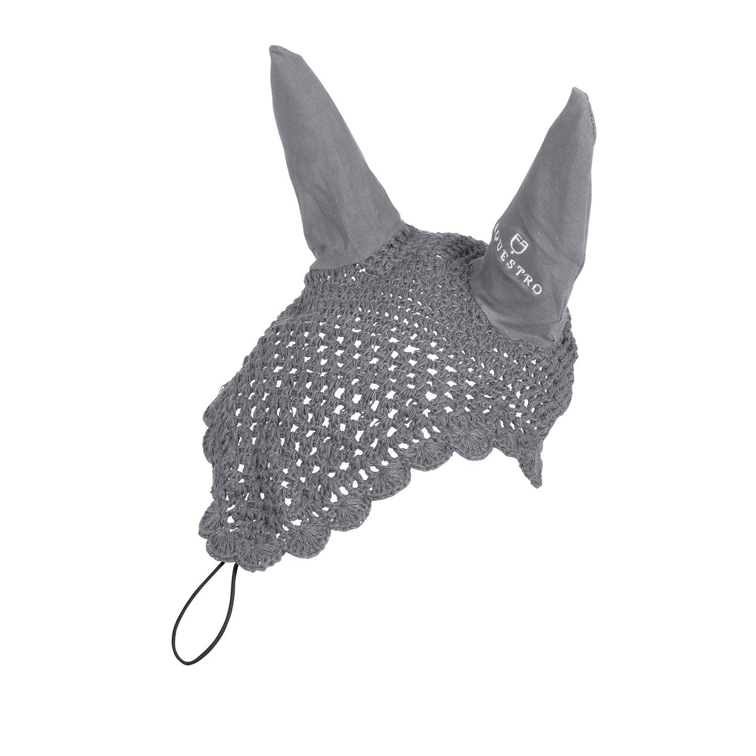 Knitted fly veil with elastic front strap.