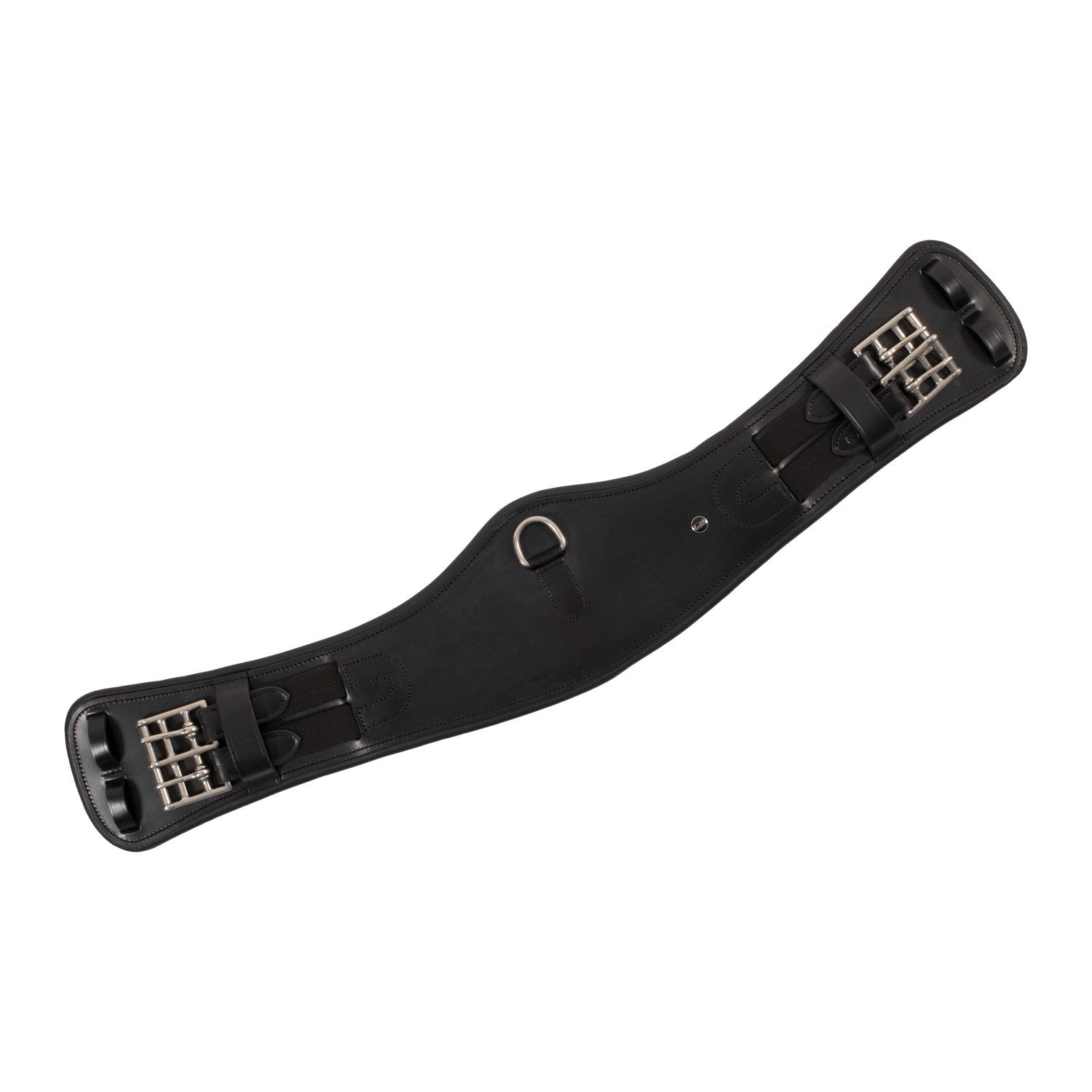 Shaped leather dressage girth with logo pin.