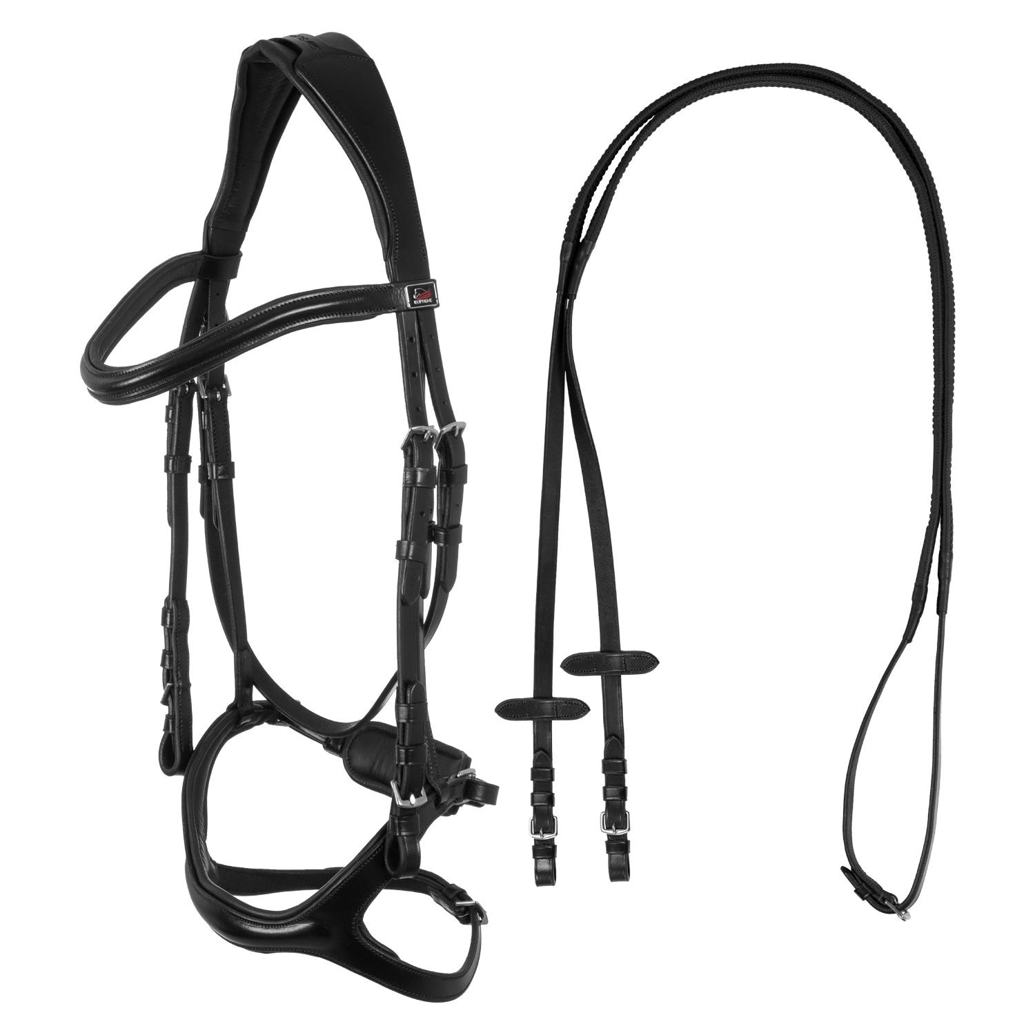 Snaffle bridle with anatomical curved noseband.
