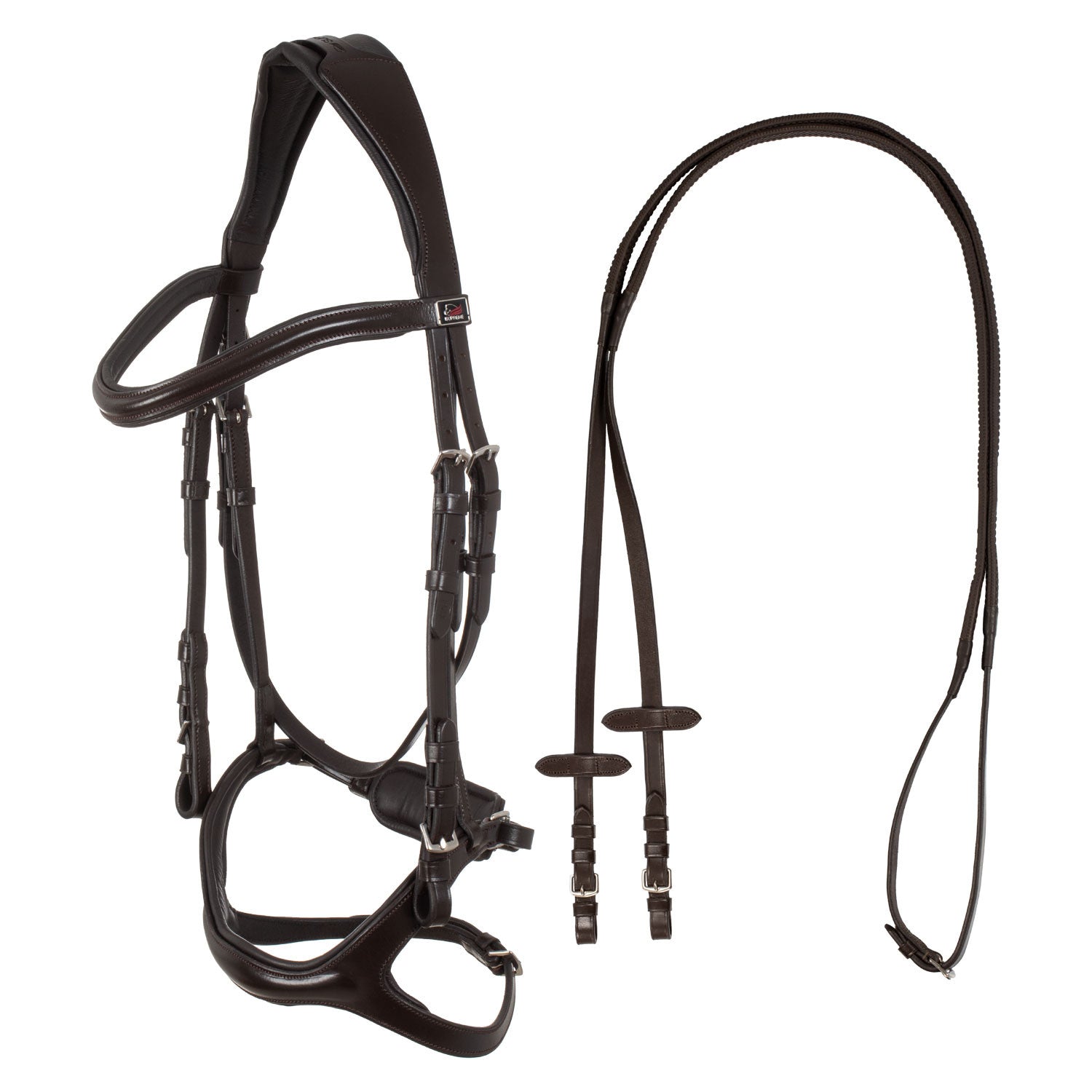 Snaffle bridle with anatomical curved noseband.