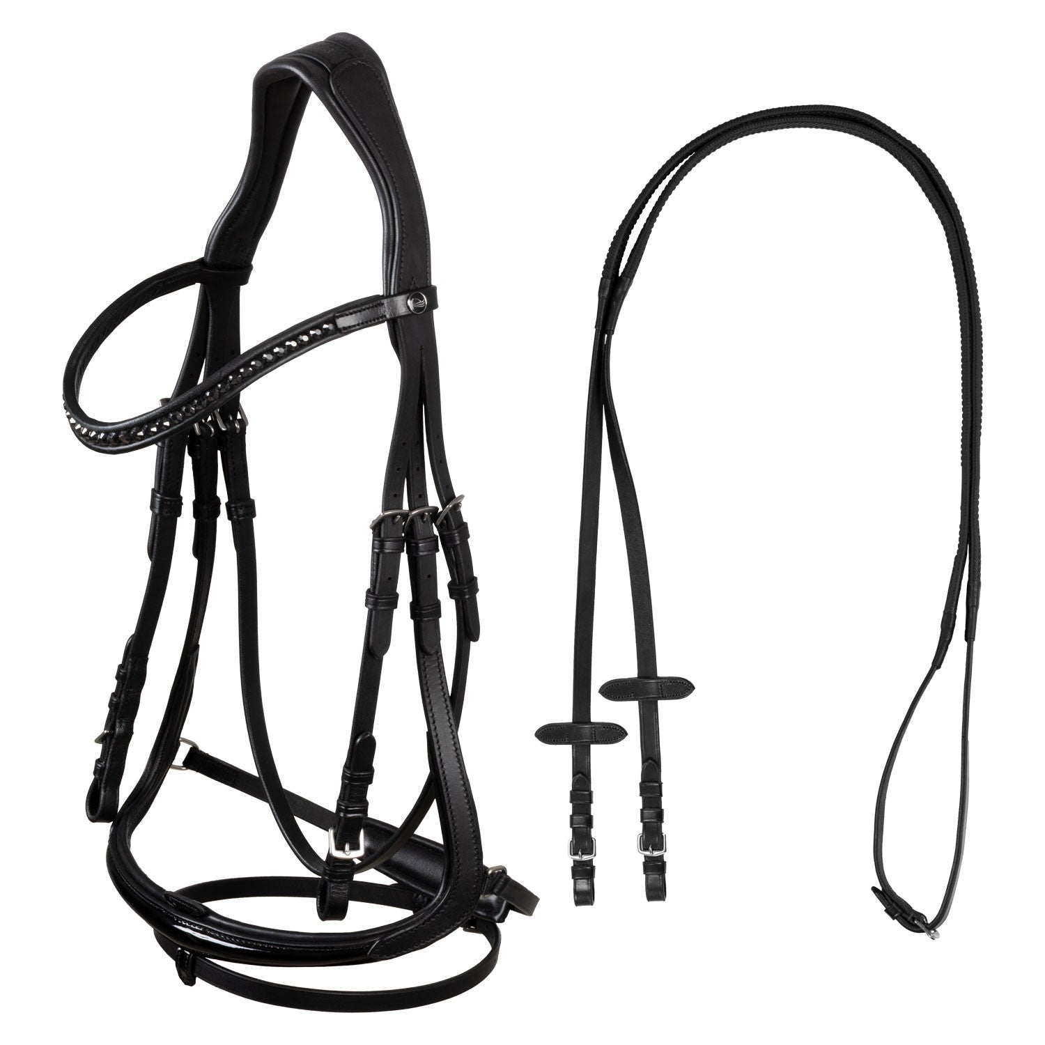 HEMELITE MODEL DRESSAGE BRIDLE WITH RUBBER REINS.