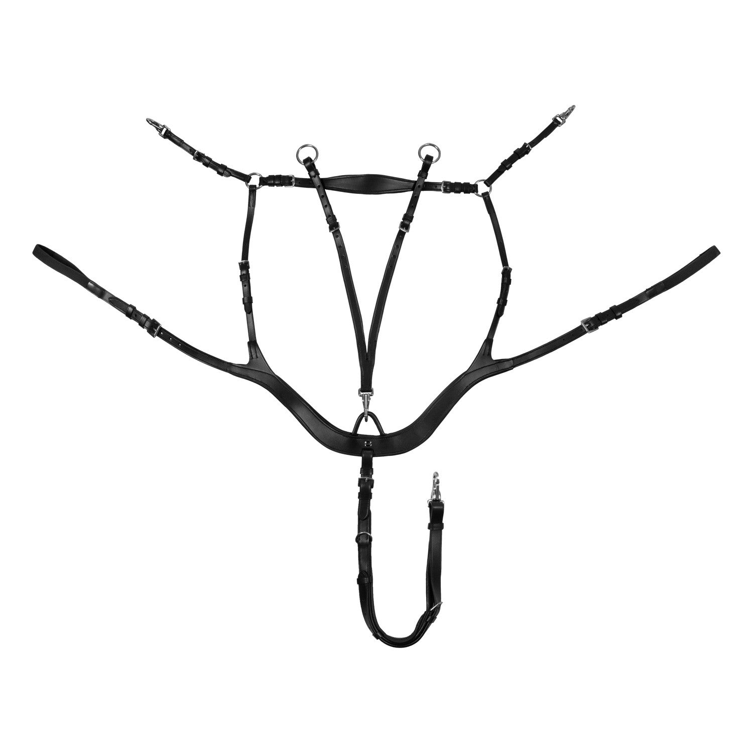 Anatomical leather hunting breastplate with removable martingale.