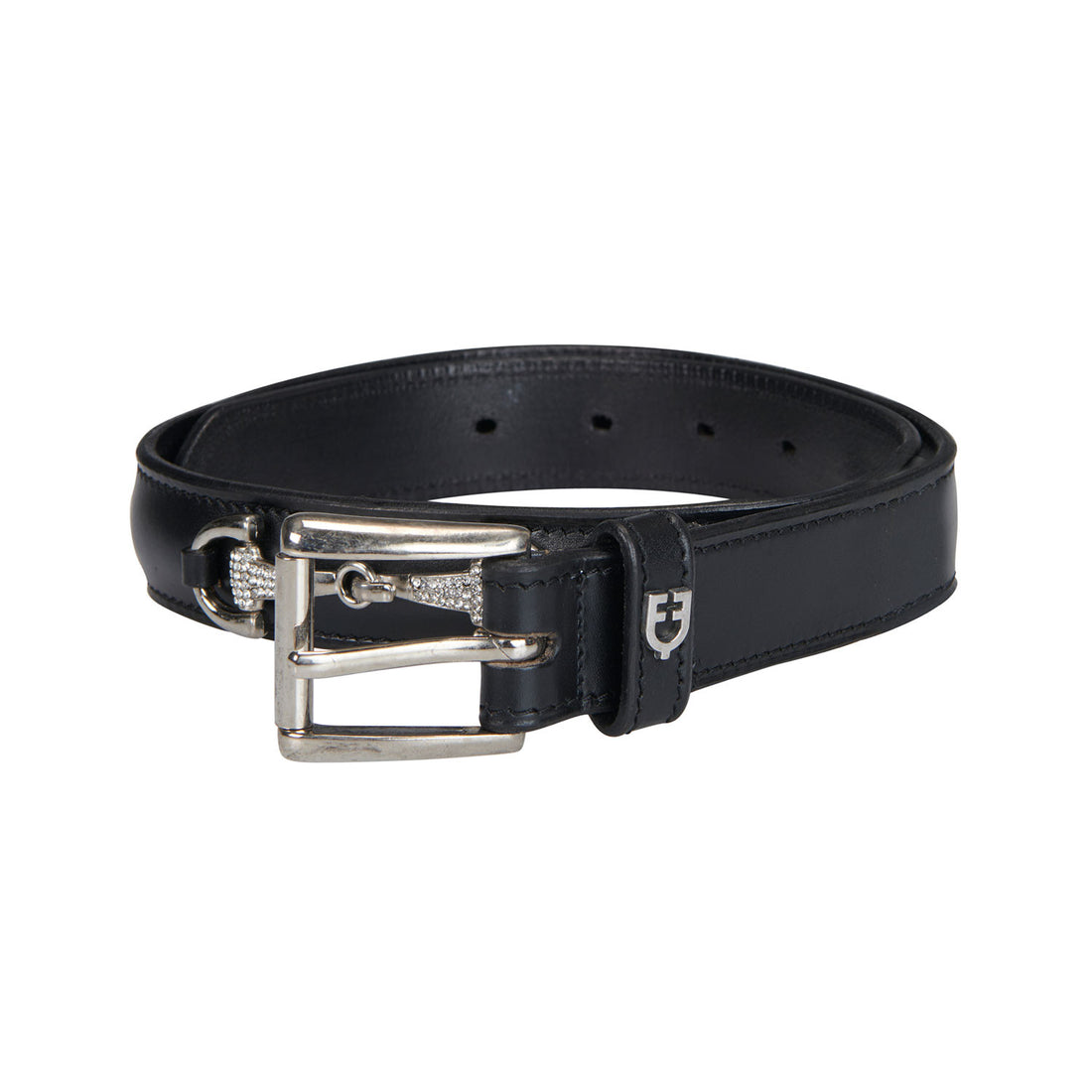 Leather belt with snaffle bits and rhinestones.