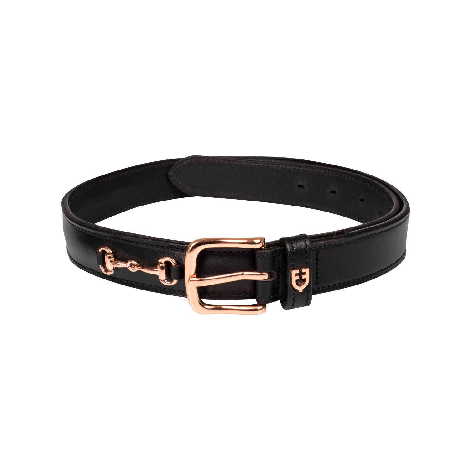 English belt with rose gold snaffle bits.