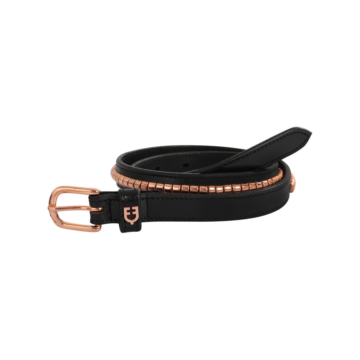 Leather belt with rose gold clincher.