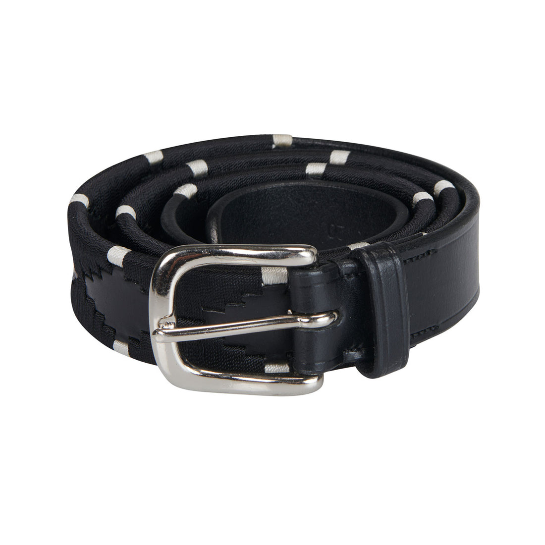 Leather belt with black and white embroidery.