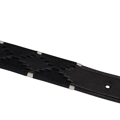 Leather belt with black and white embroidery