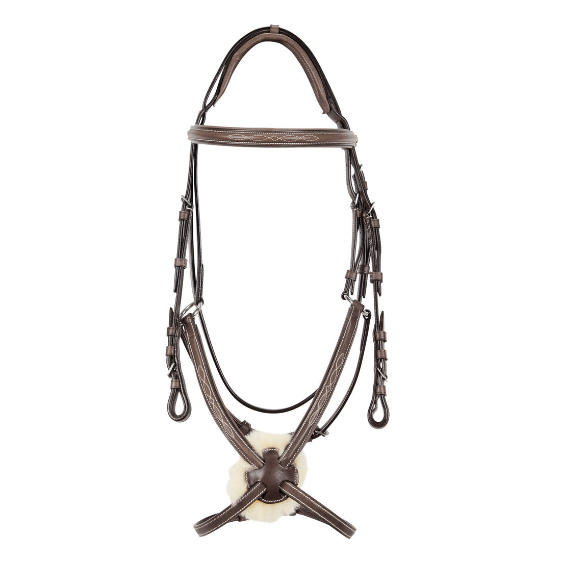 Bridle with mexican noseband and synthetic sheepskin.