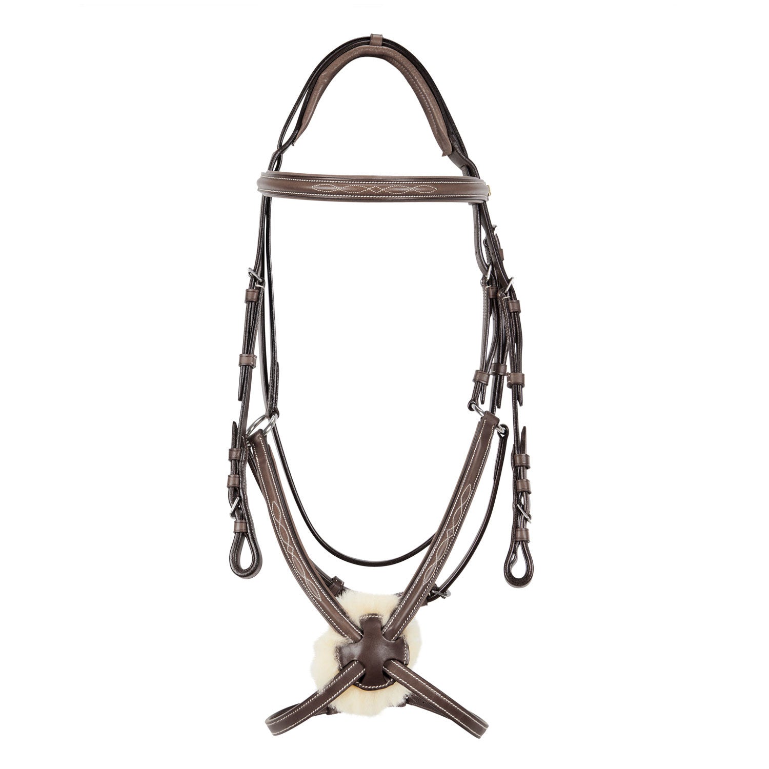 Bridle with mexican noseband and synthetic sheepskin.