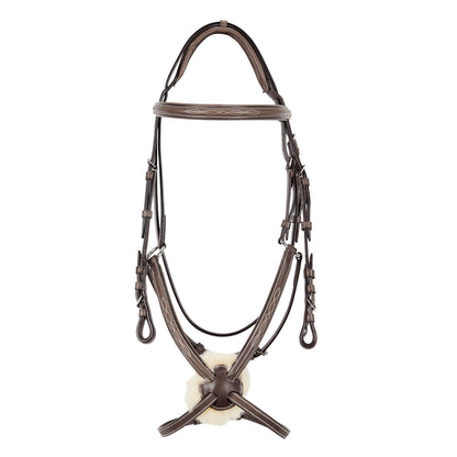 Bridle with mexican noseband and synthetic sheepskin.
