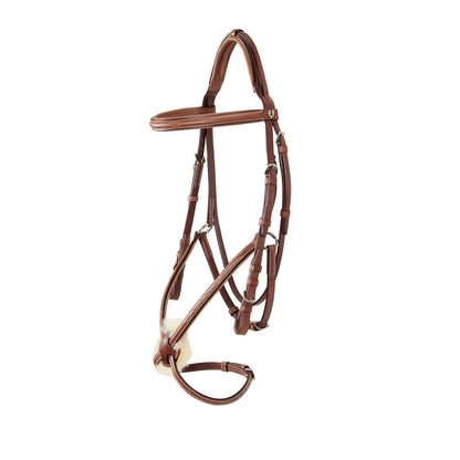 Bridle with mexican noseband and synthetic sheepskin.