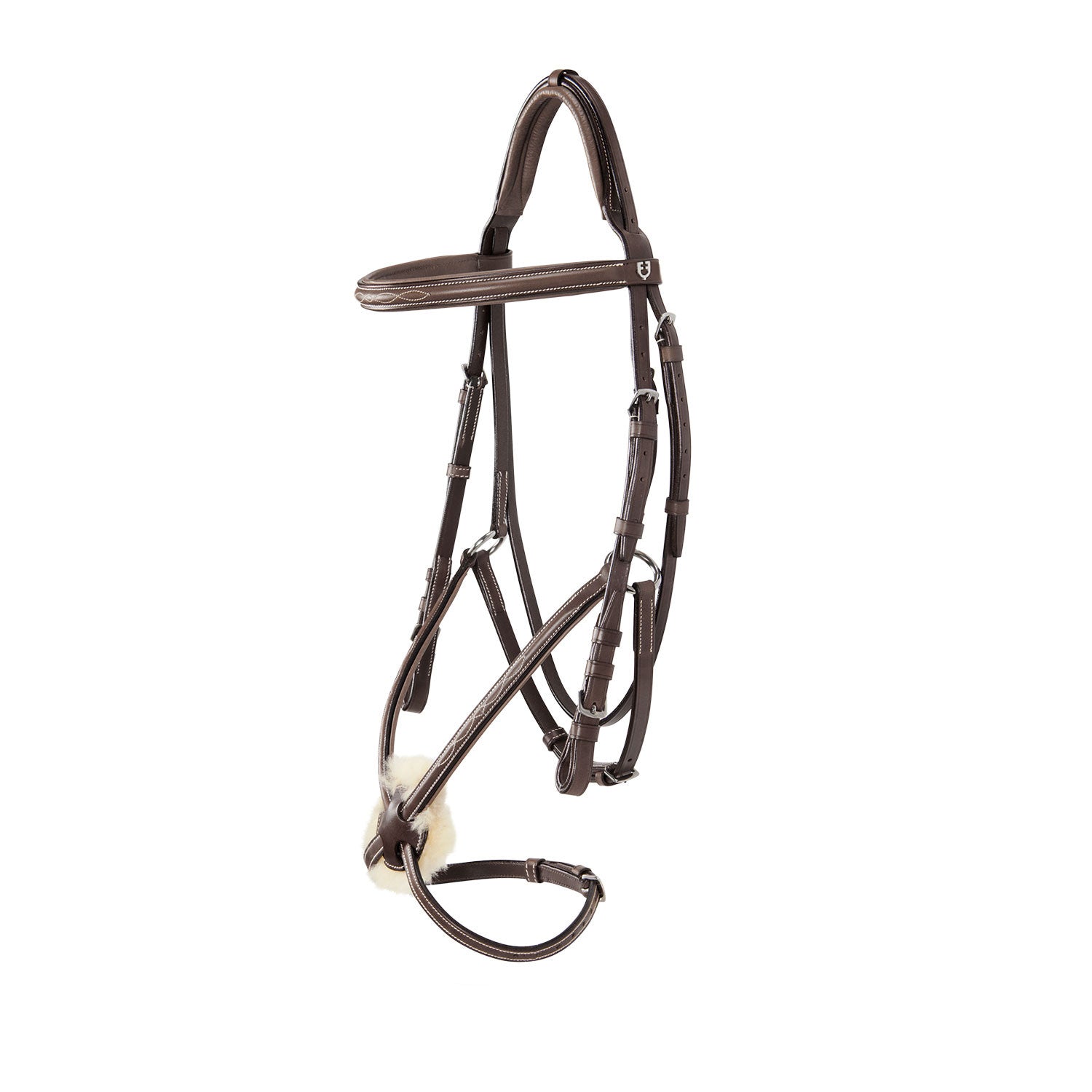 Bridle with mexican noseband and synthetic sheepskin.