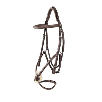 Bridle with mexican noseband and synthetic sheepskin.