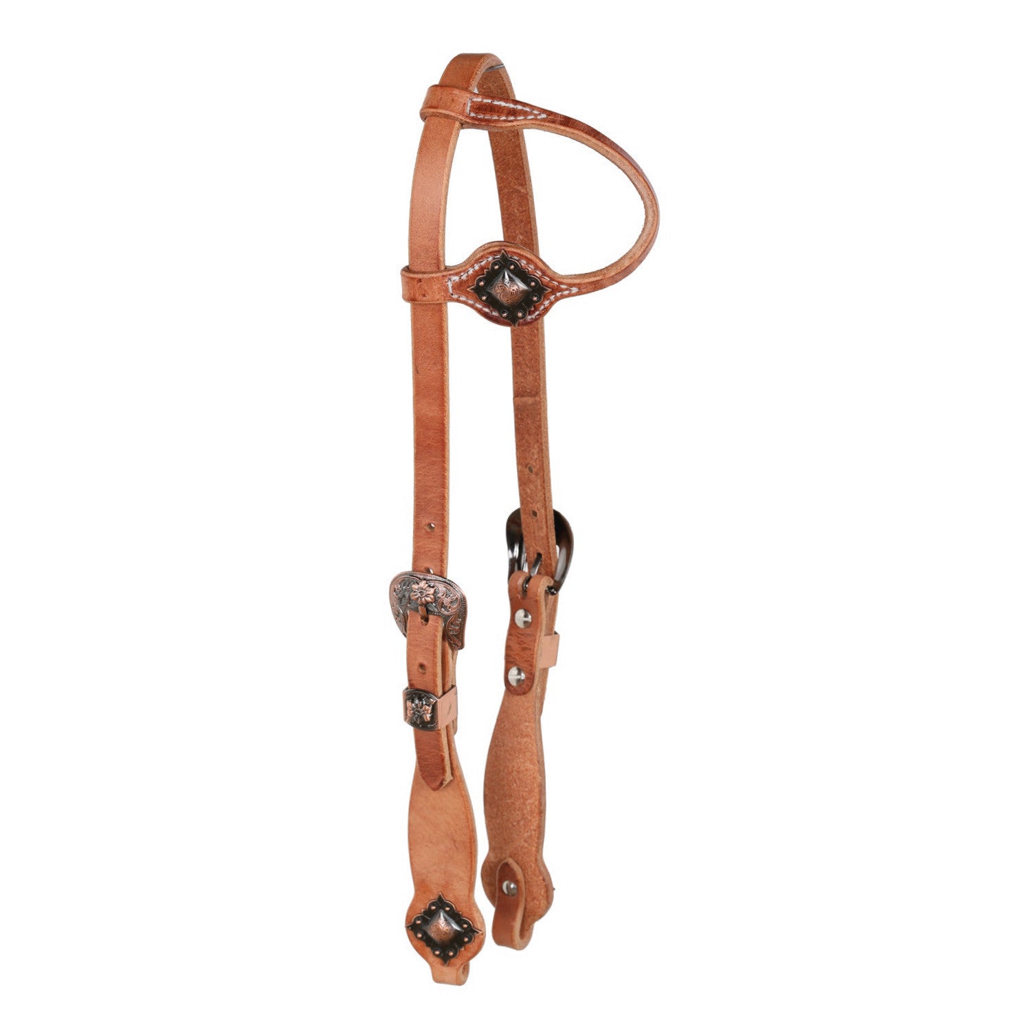 ONE EAR COPPER FLORAL BUCKLE W/DIAMOND CONCHO OILED WESTERN BRIDLE.