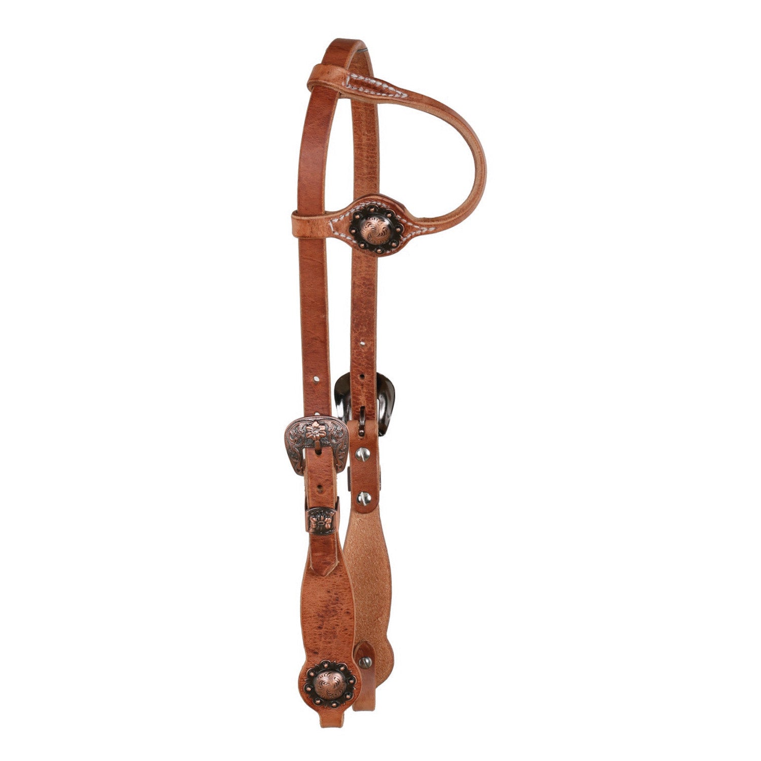 ONE EAR COPPER FLORAL BUCKLE W/FLORAL CONCHO OILED WESTERN BRIDLE.