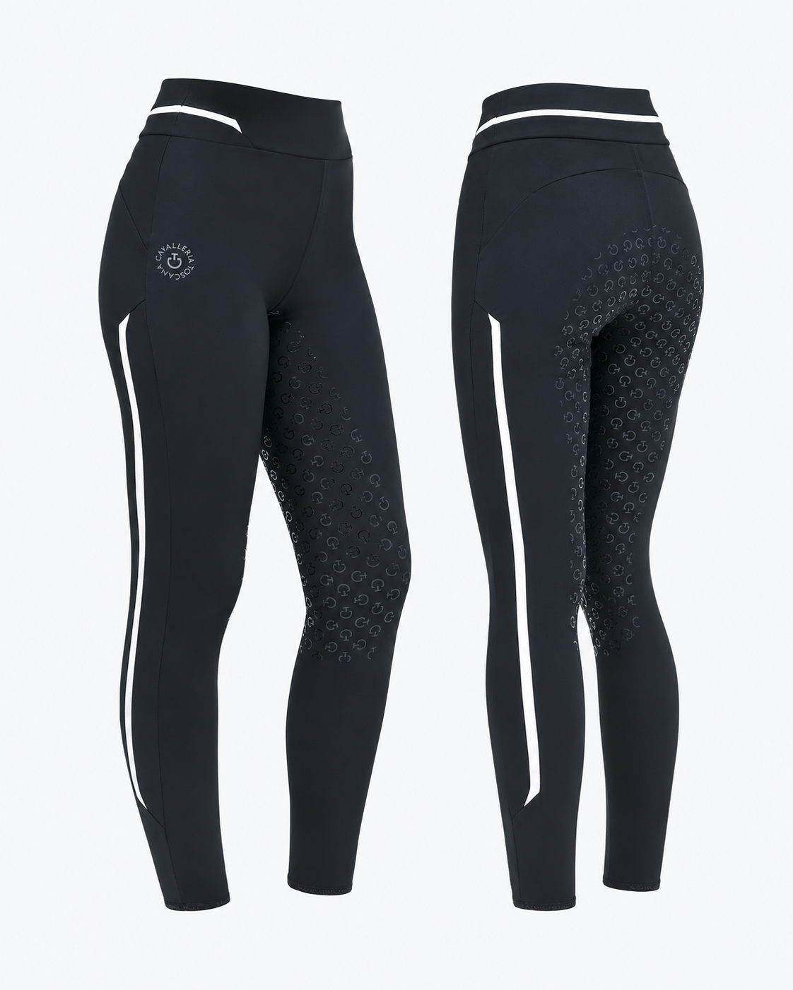 Cavalleria Toscana CT Ladies Full Grip Riding Leggings PAD179 in black with white side stripes, high waistband, CT logo and silicone full seat grip, front and back views.