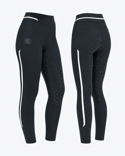 Cavalleria Toscana CT Ladies Full Grip Riding Leggings PAD179 in black with white side stripes, high waistband, CT logo and silicone full seat grip, front and back views.