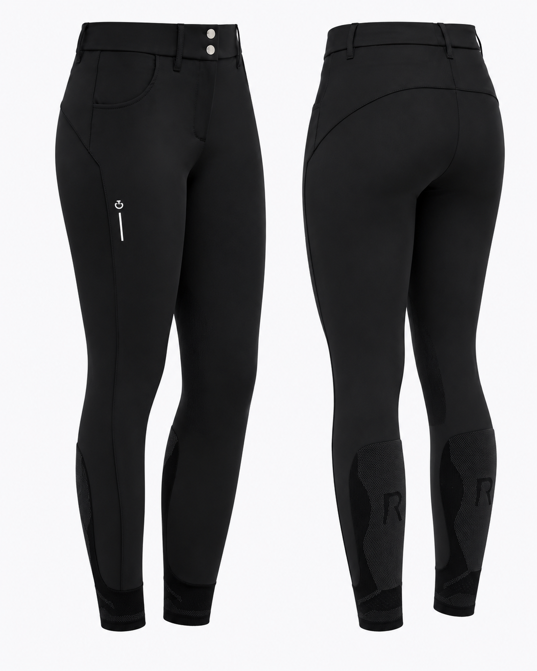 Cavalleria Toscana CT PAD163 ladies black riding breeches, front and back views showing high waistband, double-button fastening, white CT logo, contoured seams and technical lower leg panels.