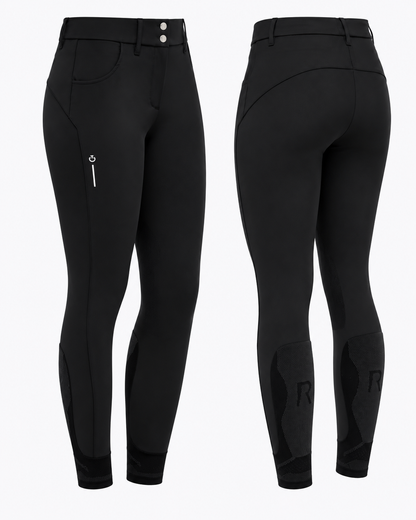 Cavalleria Toscana CT PAD163 ladies black riding breeches, front and back views showing high waistband, double-button fastening, white CT logo, contoured seams and technical lower leg panels.